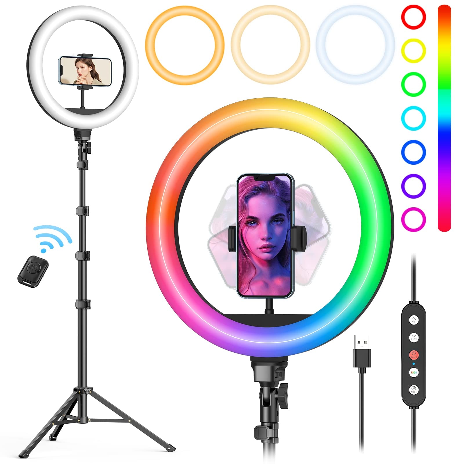 Weilisi 12" Selfie Ring Light with 63" Tripod Stand, Dimmable LED Ring Light with Phone Holder and Wireless Remote, [2-in-1] RGB & Selfie Stick for Photography/Makeup/Live Stream/YouTube: 10&apos;&apos;