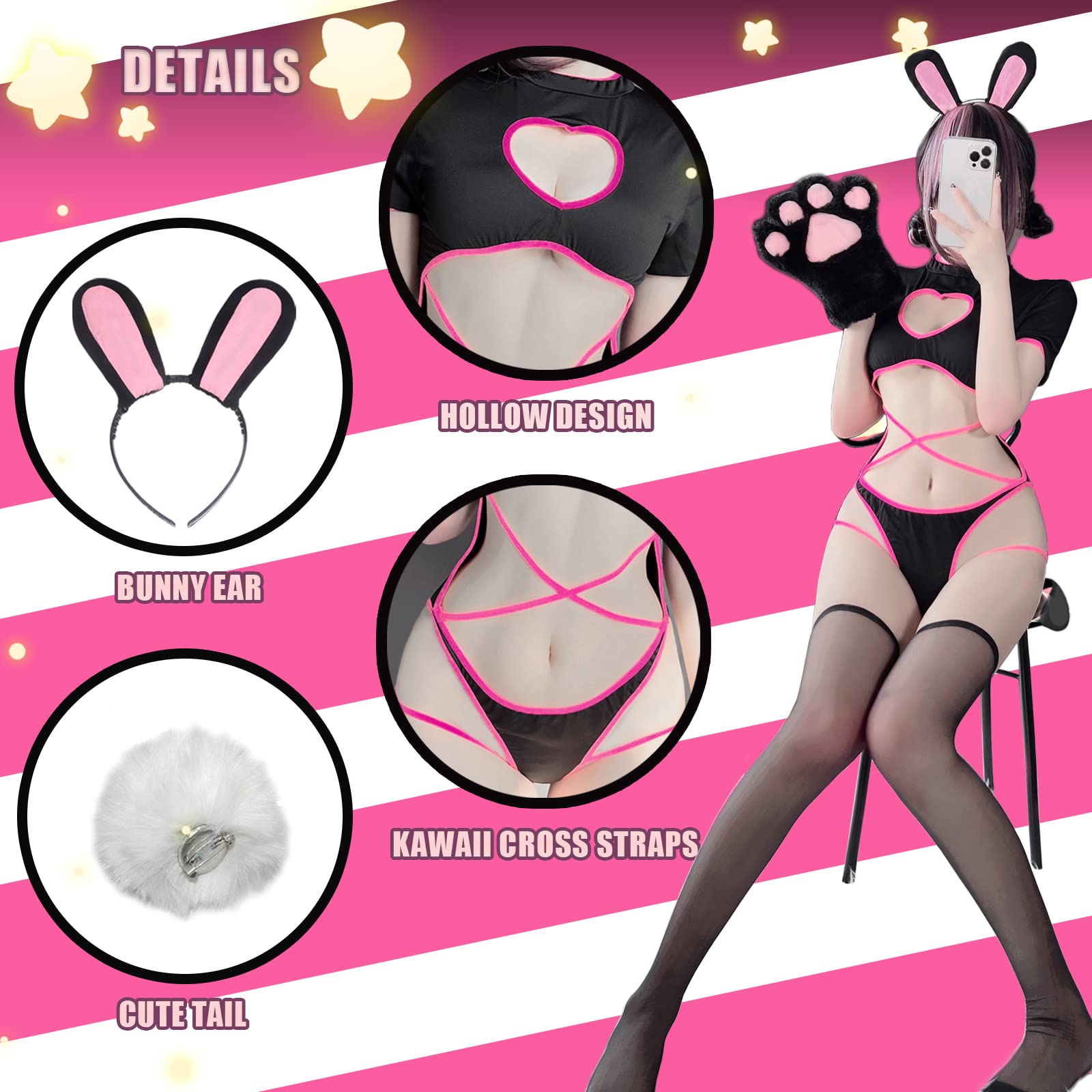 paloli Womens Bunny Girl Cosplay Costume Sexy, One Piece Anime Cutout Heart Front Bodysuit Role Cute Outfit Set: Medium