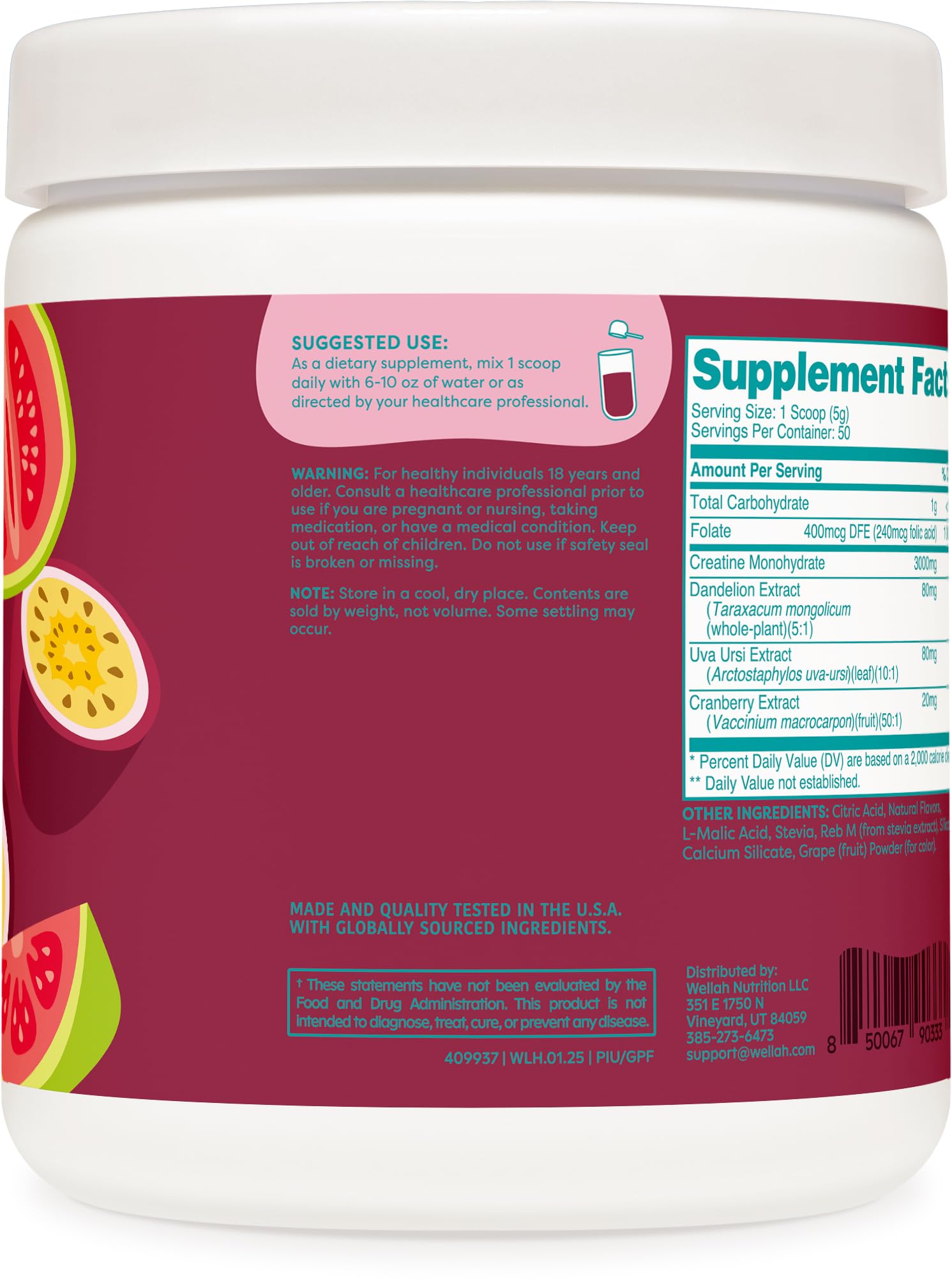 Wellah Pump-It-Up Creatine (50 Servings, ) - Creatine Monohydrate with Dandelion, Uva Ursi, & Cranberry Extract: Guava Passionfruit