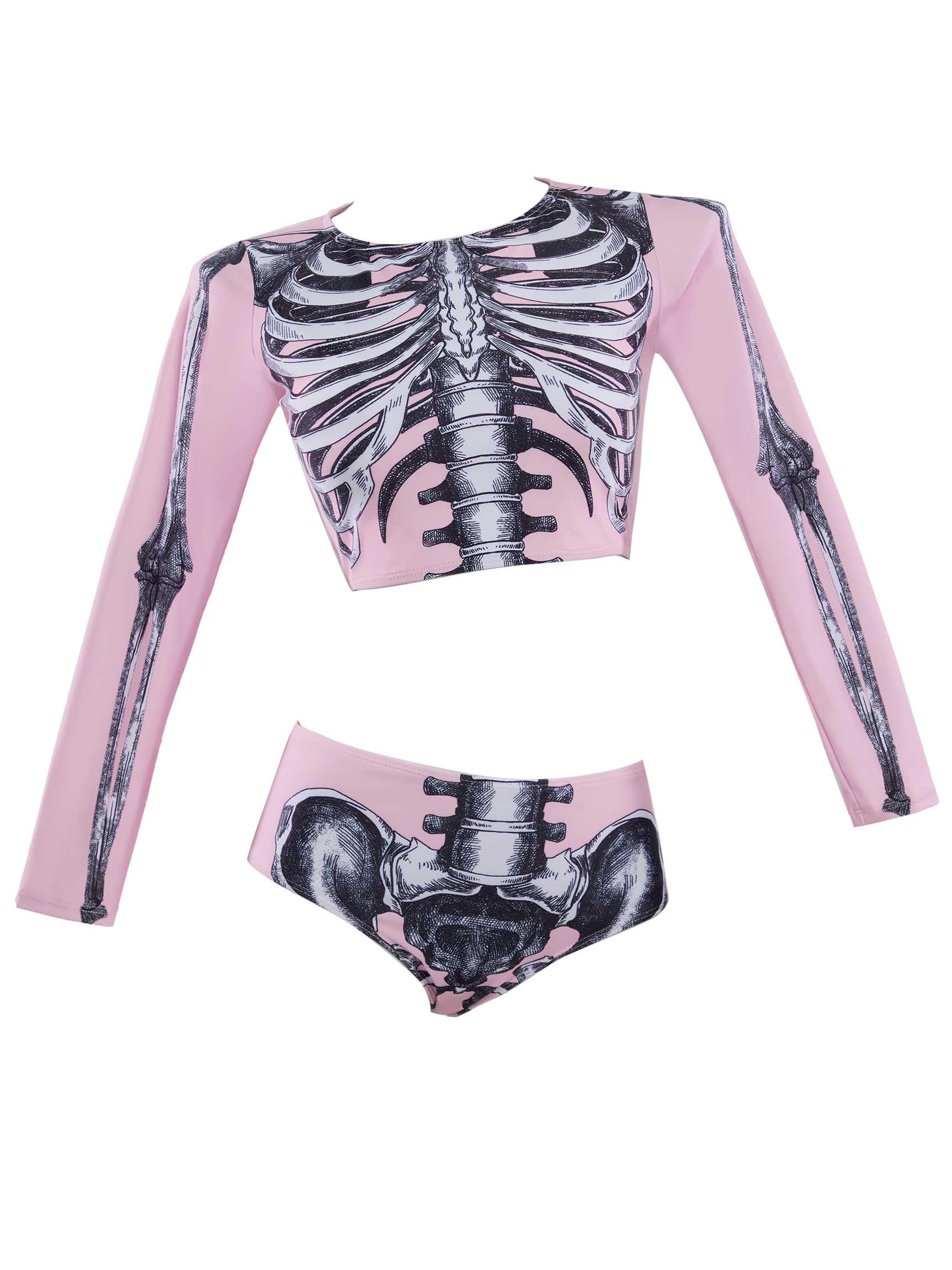 haikyuu Women Pink Skeleton Rash Guard Shirt with Bottom Goth Two Piece Swimsuit Skull Bikini Set