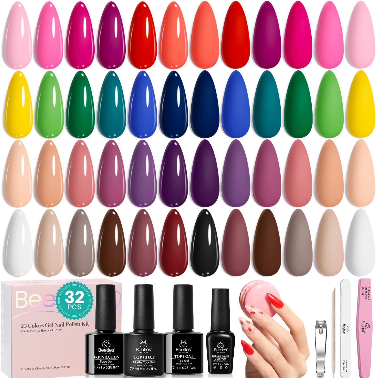 beetles Gel Polish Set Summer Gel Nail Polish Kit Pastel 36 Pcs 32 Colors with Base Top Coat Hot Pink Green Black White Burgundy Red Blue Purple Gifts for Women Fingertip Palette: 2-Chic Outfits