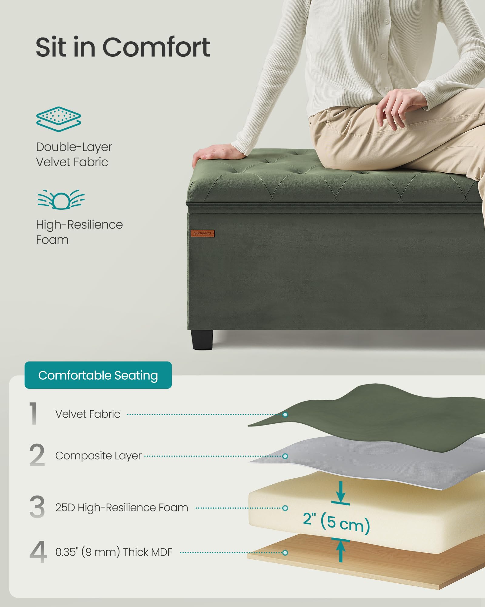 SONGMICS Velvet Storage Ottoman Bench, Foot Rest with Legs, 15.7 x 43 x 15.7 Inches, End of Bed Bench, Storage Chest, Load up to 660 lb, for Living Room, Bedroom, Entryway,  ULSF089C01: Forest Green