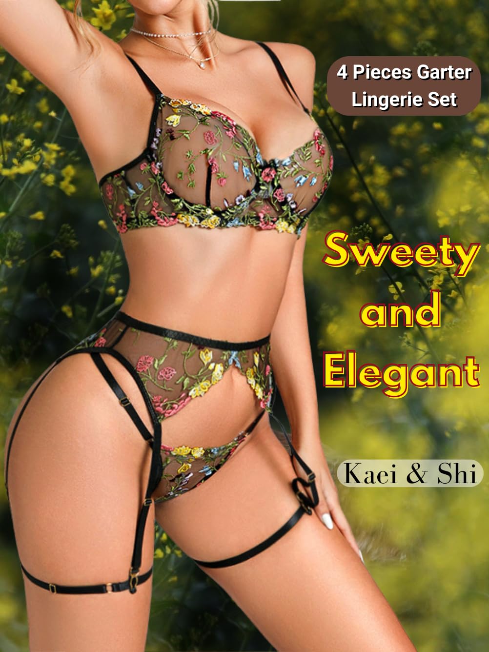 Kaei&Shi Vibrant Floral Embroidery, Underwire, Thong, Thigh Straps, Lingerie Set: 4-6 Black