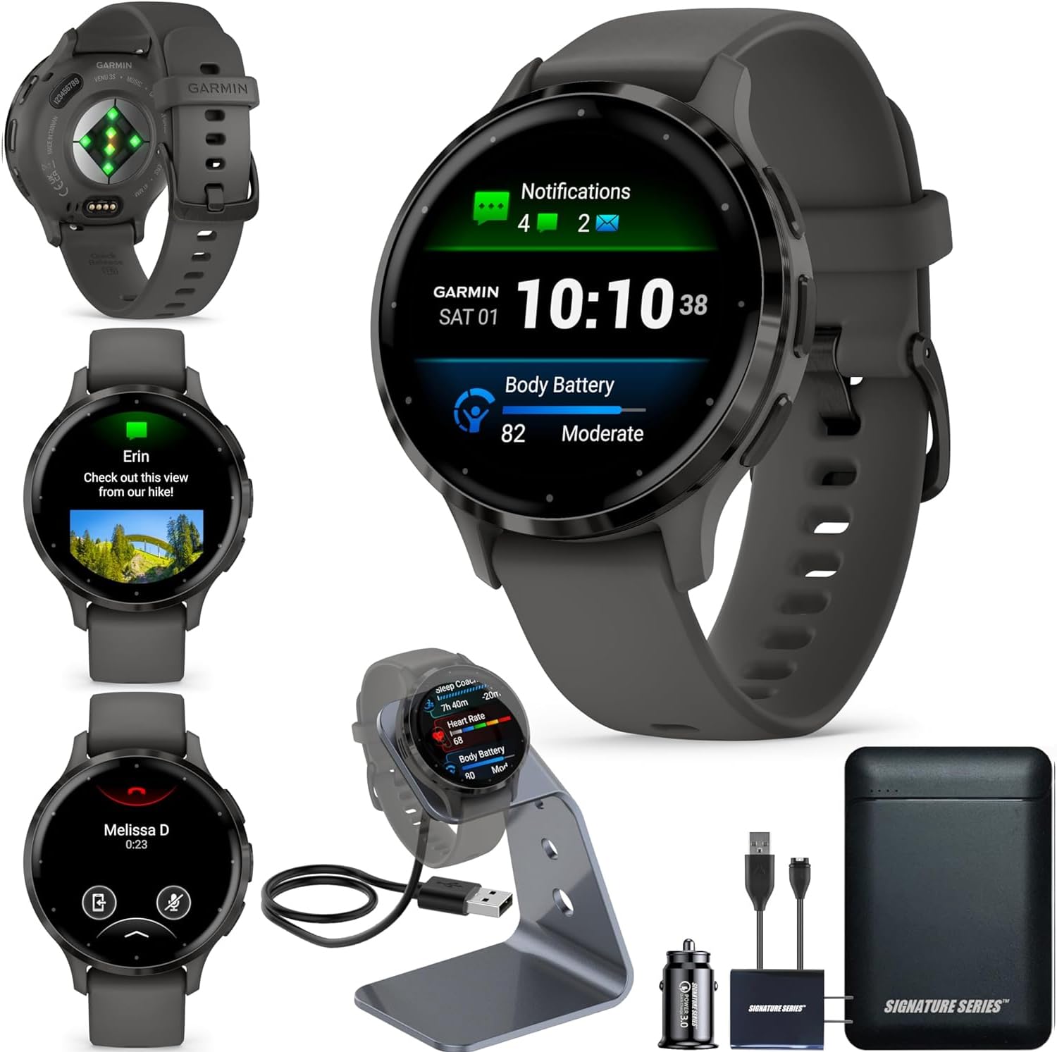 Garmin Venu 3S Running GPS Smartwatch with AMOLED Display, Advanced Health, Fitness Features, Up to 14 Day Battery Life with Signature Power Bundle | Slate with Pebble Gray Silicone Band: Venu 3S (41mm) Pebble Gray