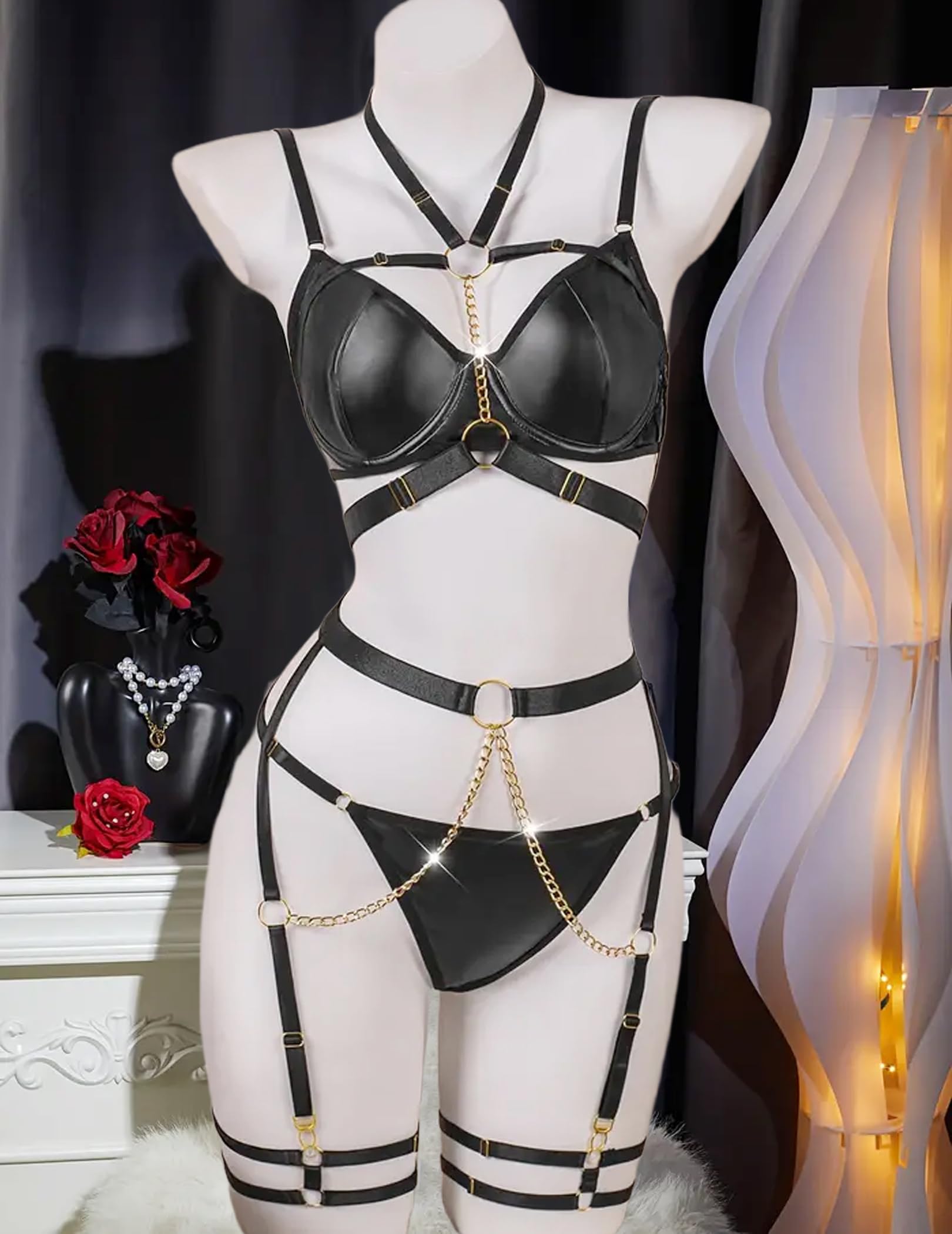 Avidlove Lingerie Set for Women Sexy Strappy 5 Piece Lingerie Garter with Underwire Push Up Bra and Chain: Large Black