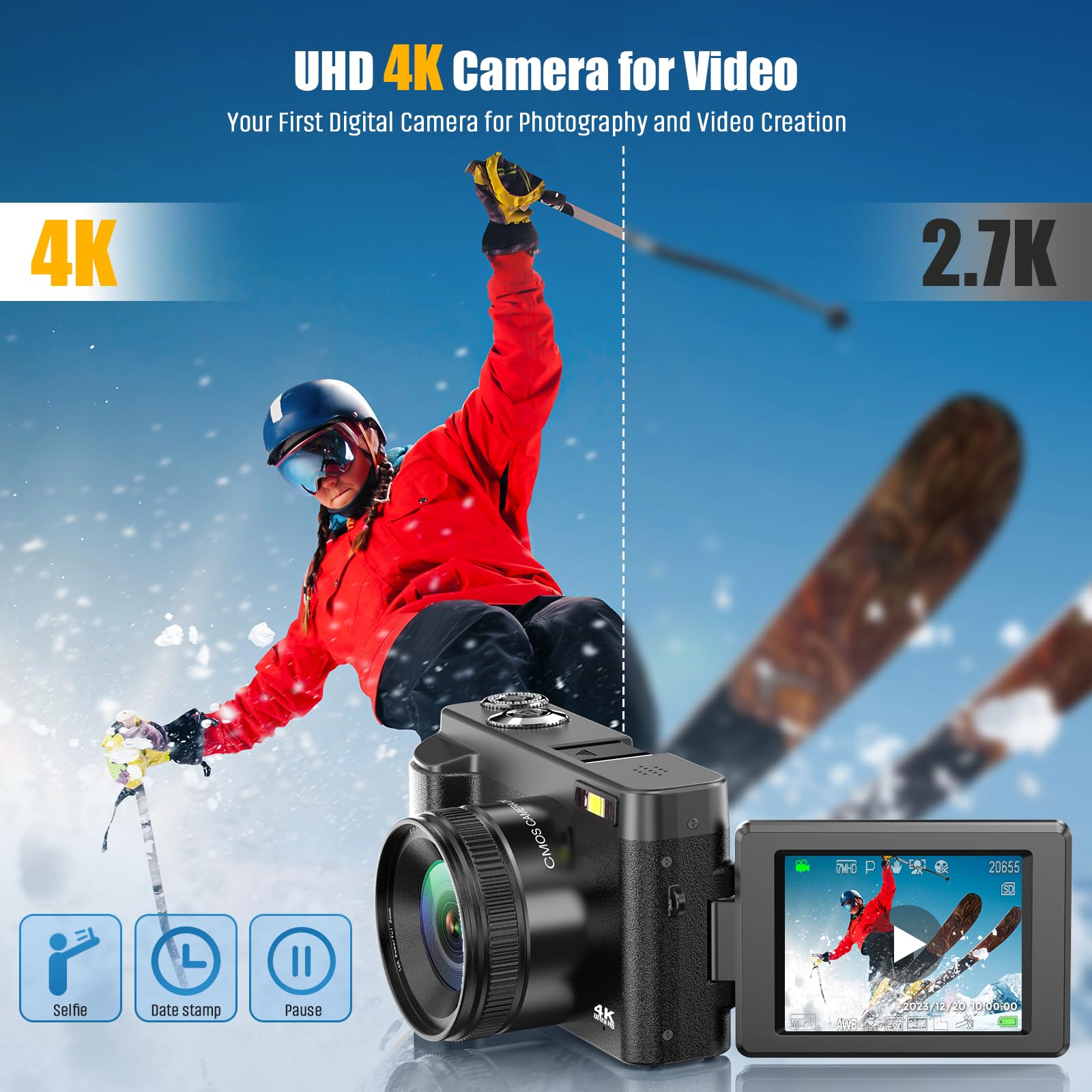 4K Digital Camera for Photography Autofocus 48MP Vlogging Camera for YouTube with 3'' 180°Flip Screen 16X Digital Zoom 4K Video Compact Travel Camera with SD Card,Flash, Anti-Shake (Black): 4K Digital Camera for Photography Autofocus 48MP Vlogging Camera for YouTube with 3'' 180°Flip Screen 16X Digital Zoom 4K Video Compact Travel Camera with SD Card,Flash, Anti-Shake (Black)