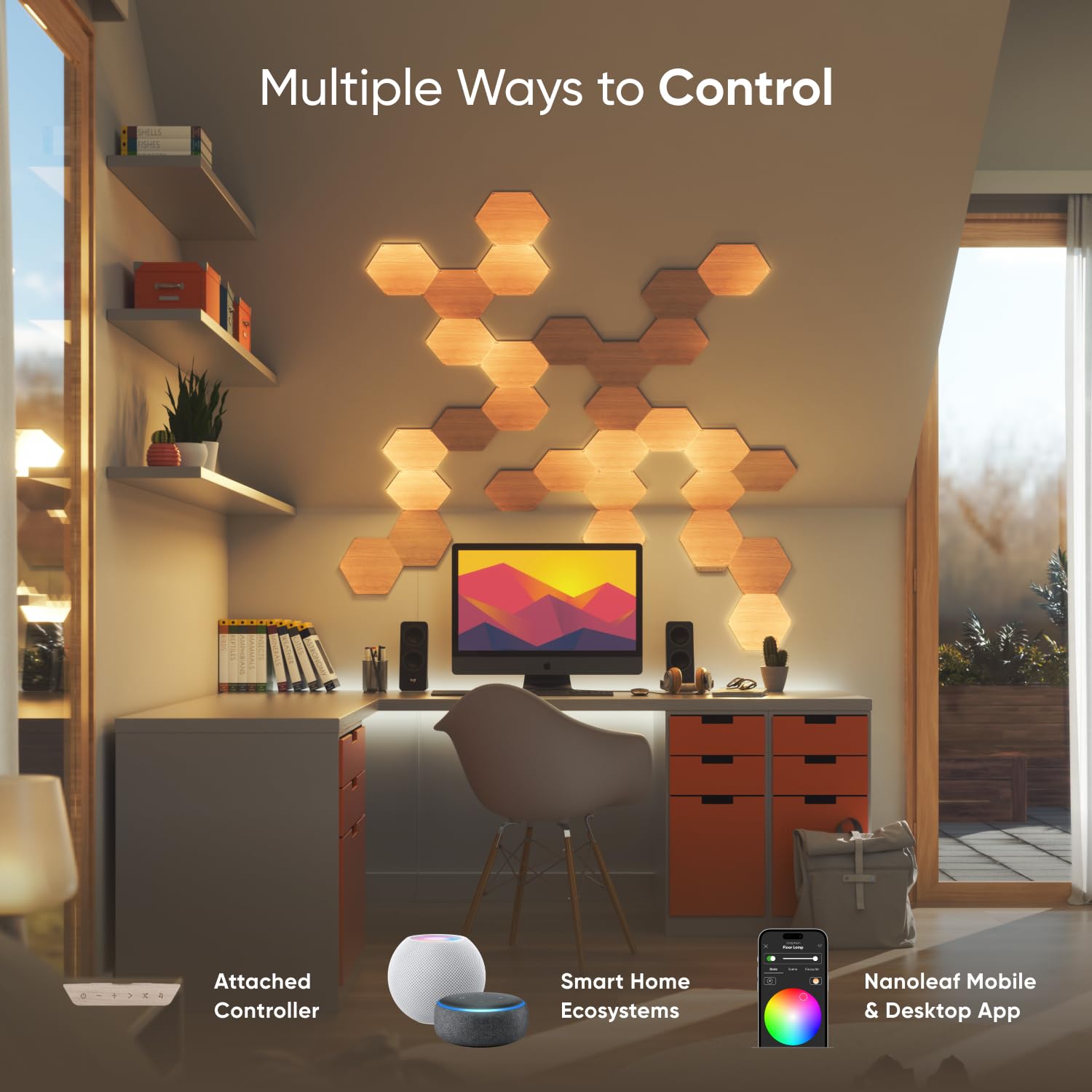 Nanoleaf Elements Wood Look Smart Wall Lights, Hexagon LED Wall Lights Work with Alexa Google Assistant, Home Wall Decor for Living Room with Music Sync, Touch Control, Ambient White 1500-4000K, 7 PK: Smarter Kit (13 Panel)