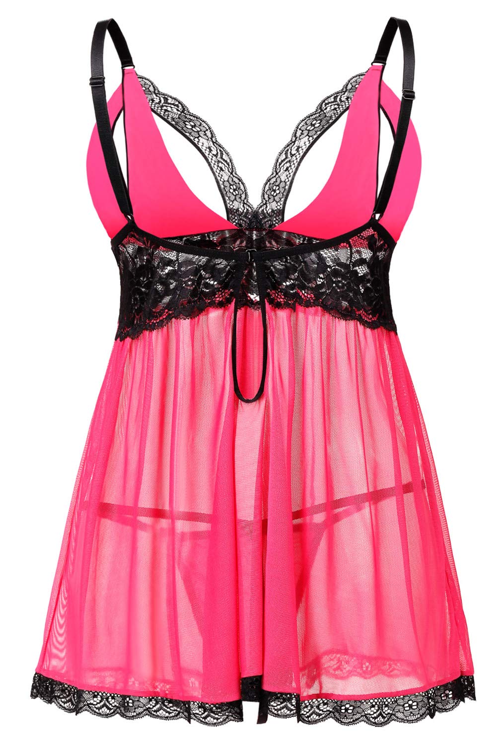 Donnalla Women Plus Size Lingerie 2 Piece Contrasting Lace Babydoll Lingerie Set V Neck Strap Chemise Sleepwear: Medium Pink
