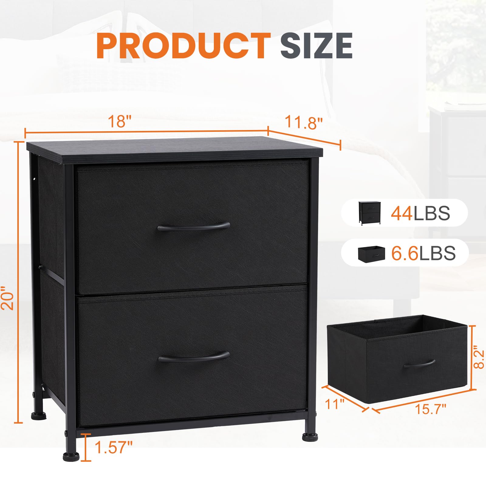 Sweetcrispy Nightstand Set of 2 with 2 Storage Drawers, 20" Height Small Bed Side Furniture End Table, Wooden Top Fabric Cabinet Kids Mini Dresser for Bedroom, Closet, Entryway, College Dorm