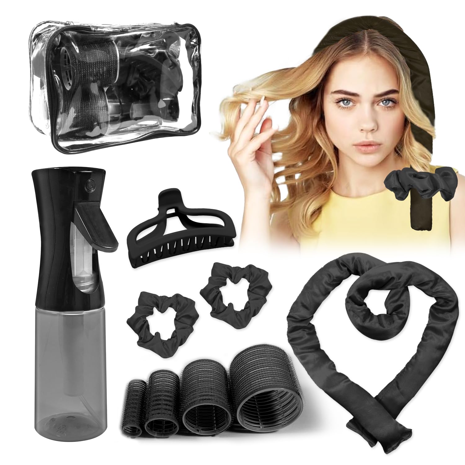 Heatless Curls Overnight, Heatless Hair Curler and Curling Scrunchie Set, Heatless Curling Rod with Spray Bottle, No-Heat Hair Curlers, Overnight Blowout Rods, for Medium to Long Hair (Black): Black-9pcs