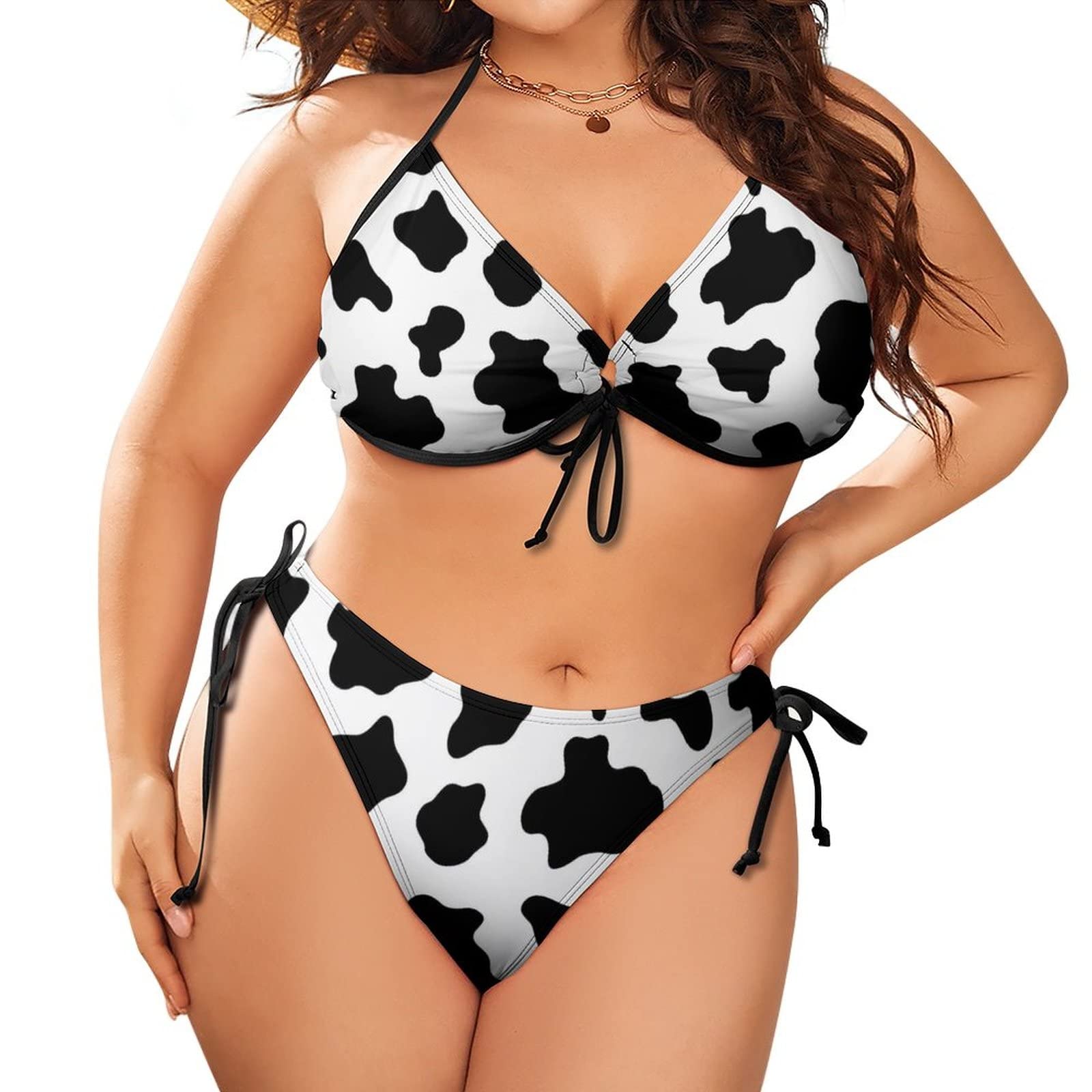 Lurhonp Women's Halter Padded Top Tie Side Bottom Swimsuit Cow Print 2 Piece Plus Size Bikini Bathing Suits thumbnail 1