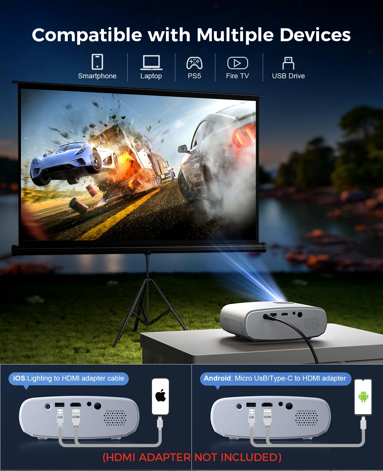 Mini Projector for iPhone, ELEPHAS 2024 Upgraded 1080P HD Projector, 8000L Portable Projector with Tripod, Movie Projector Compatible with Android/iOS/Windows/TV Stick/HDMI/USB: WhiteBlack