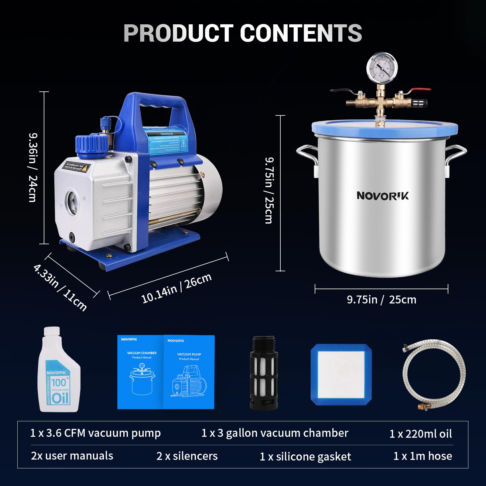 novorik 3 Gallon Vacuum Chamber with 3.6 CFM Pump, Single Stage Vacuum Chamber Pump Kit with Acrylic Lid for Stabilizing Wood, Degassing Silicone Resin, Epoxies thumbnail 8