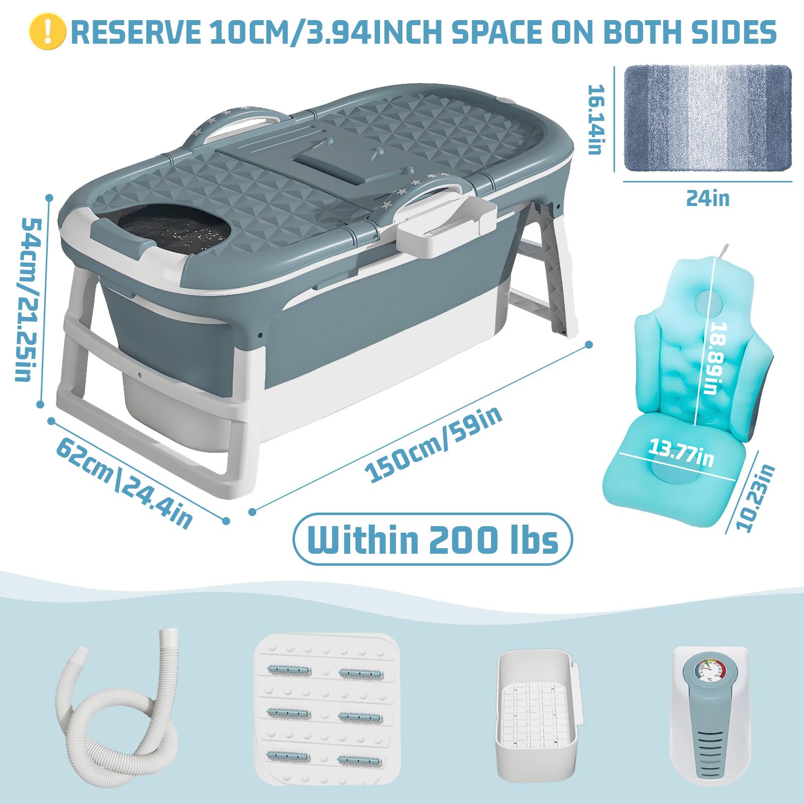 Portable Bathtub with Thermometer,59 Inch Foldable Bathtub for Adults,Soaking Bath Tub with Removable Cushion,Non-Slip Carpet and Cover,Collapsible Tub for Hot Bath, Ice Bath (Blue, 59IN)