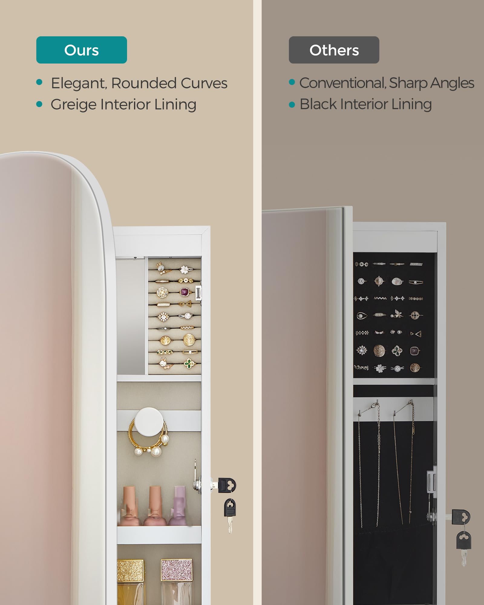 SONGMICS Jewelry Organizer, LED Jewelry Cabinet Wall or Door Mounted, Lockable Rounded Wide Mirror with Storage, Interior Mirror, 3.9 x 16.5 x 42.5 Inches, White Surface with Greige Lining UJJC026W01
