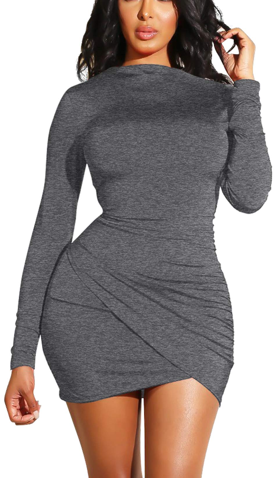GOBLES Women's Long Sleeve Elegant Sexy Bodycon Ruched Mini Cocktail Dress