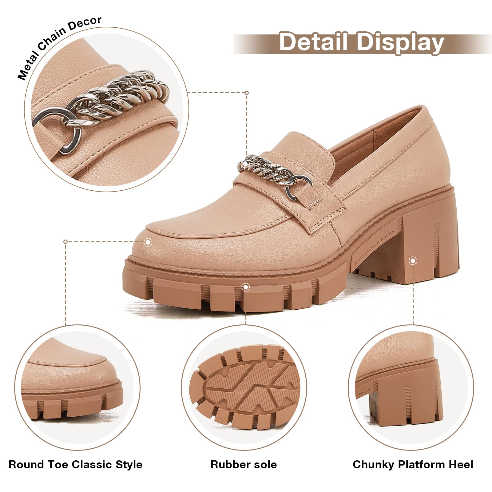 TINSTREE Platform Loafers for Women with Chain Comfort Chunky Heel Slip On Round Toe Business Work Shoes thumbnail 2