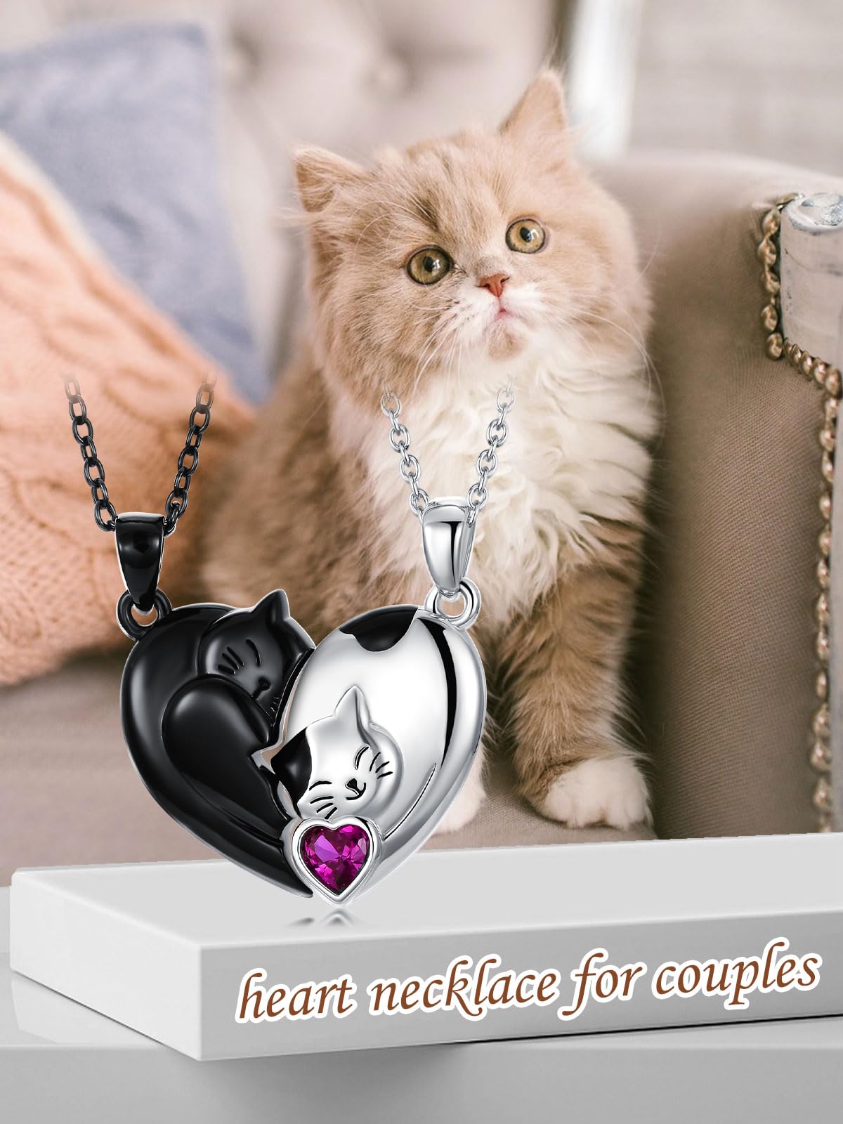 Flpruy Matching Cat & Love Arrow Sterling Silver Cute Couples Heart Necklaces - Gifts for Couples
