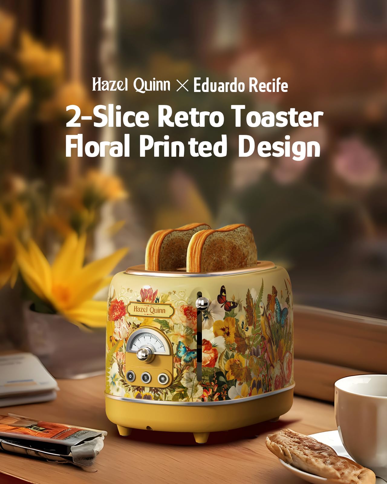 Hazel Quinn X Eduardo Recife Collaboration 2-Slice Retro Toaster, 6 Browning Levels, 3 Functions-Defrost/Reheat/Cancel, Removable Crumb Tray for Easy to Clean, 1.5 Inches Extra Wide Slots: Floral Printed Design