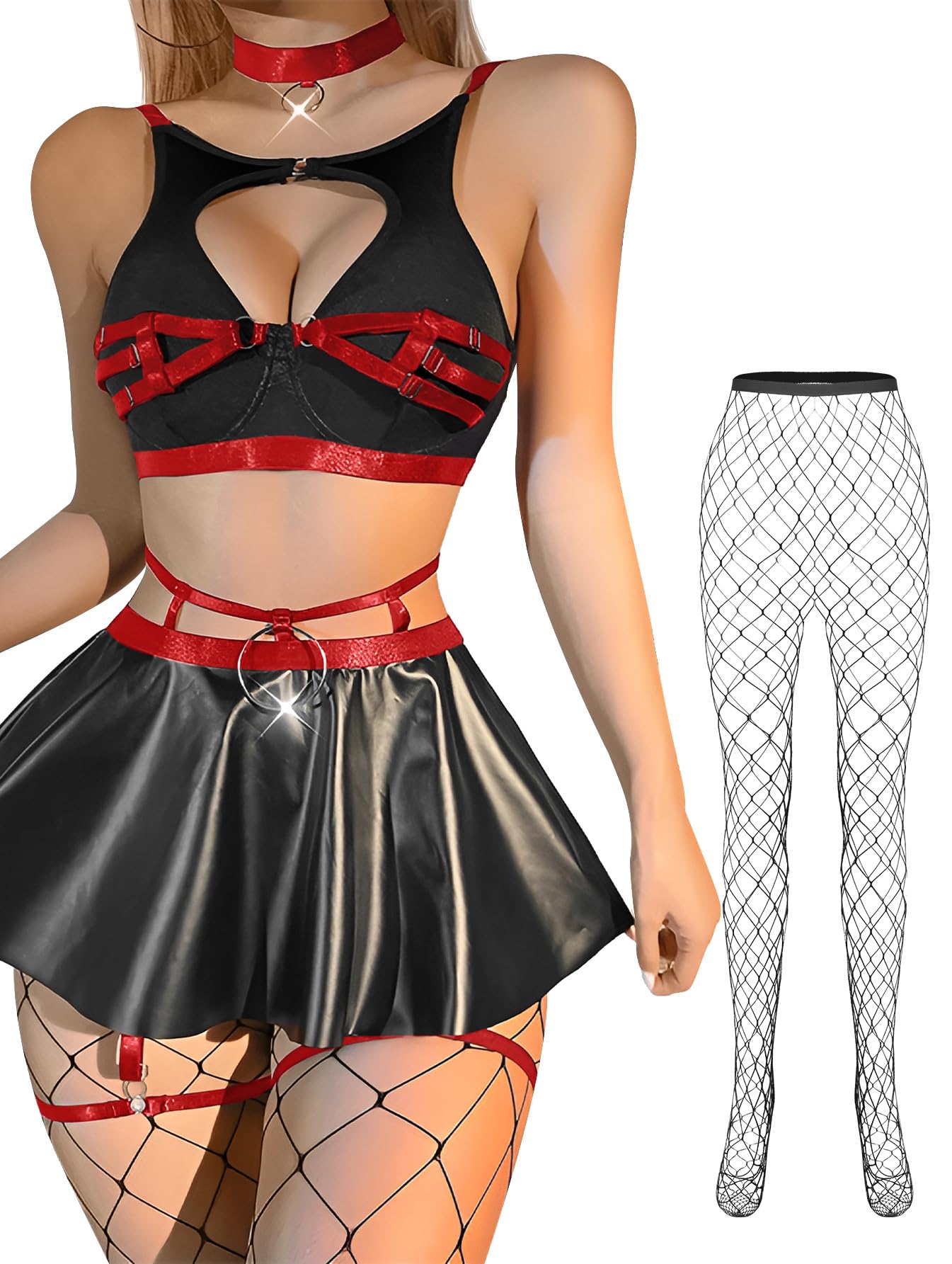 Lilosy Sexy Stocking Chocker Strappy Underwire O Ring Push Up Garter Belt Women Skirt 5 Piece: Large Black Red