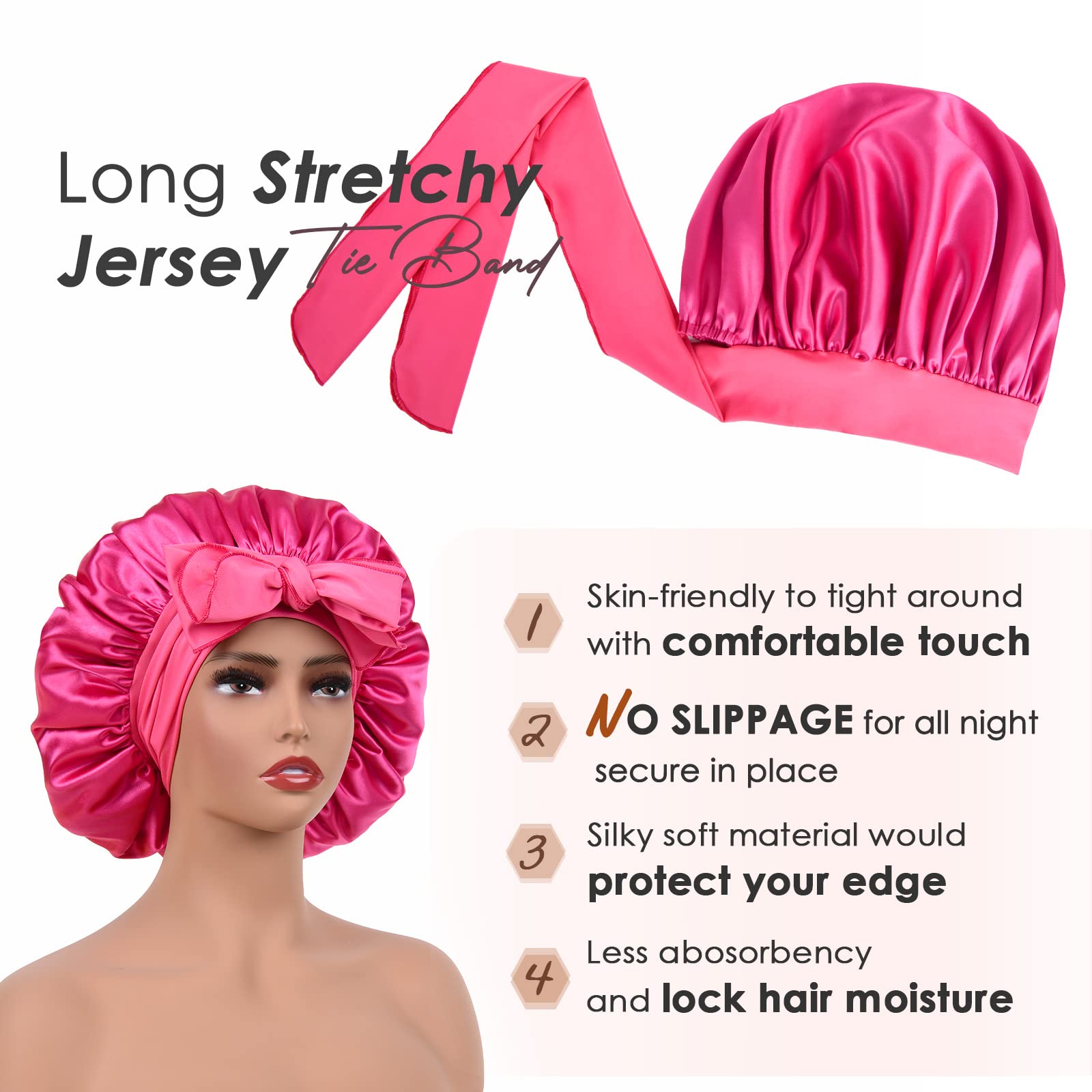 YANIBEST Silk Bonnet for Sleeping Women Satin Bonnet Double Layer Satin Lined Hair Bonnet with Tie Band Curly Hair: Hot Pink
