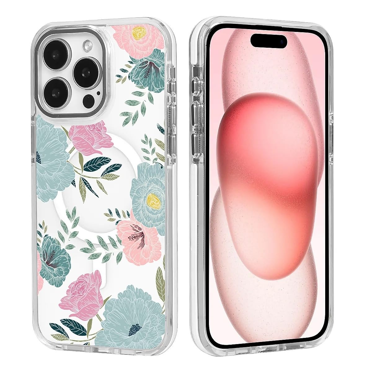 TAMEFOX for iPhone 15 Clear Case, Campatible with Magsafe,Fresh Red Cherry Soft TPU Slim Magnetic for Women Girl Protective Case for iPhone 15-6.1 Inch (White): Blue Red Camellia iPhone 13 Pro
