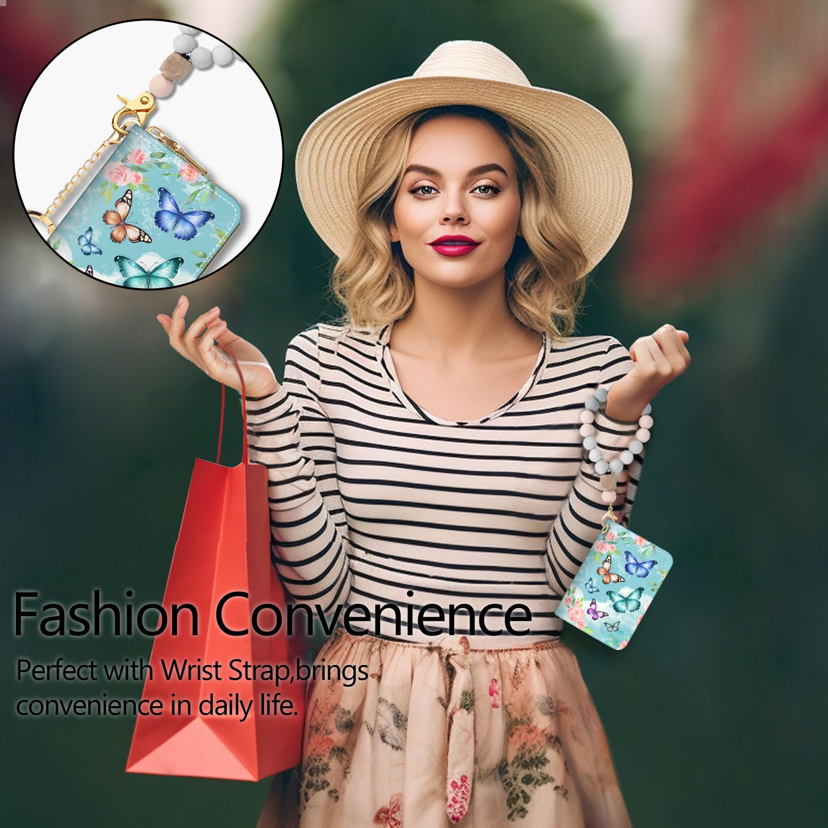 Credit Card Holder for Women, Gothic Floral Small RFID Wallet with Zipper, Card Keychain Wallet, Leather Wallet Card Case, Business Accordion Wallet Gift: Butterfly
