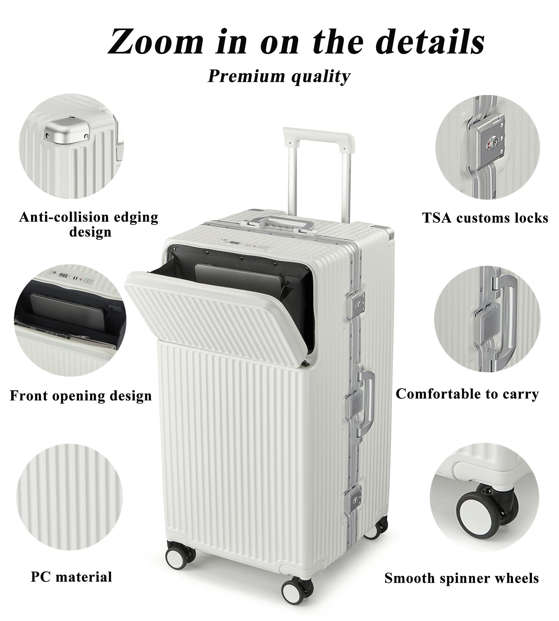 feilario 29in Super Large Captain Aluminum Frame Hardside Spinner Wheels Luggage, Removable Wheels Zipperless Checked Suitcase with Cup Holder/Phone Holder: Pro-White 30in