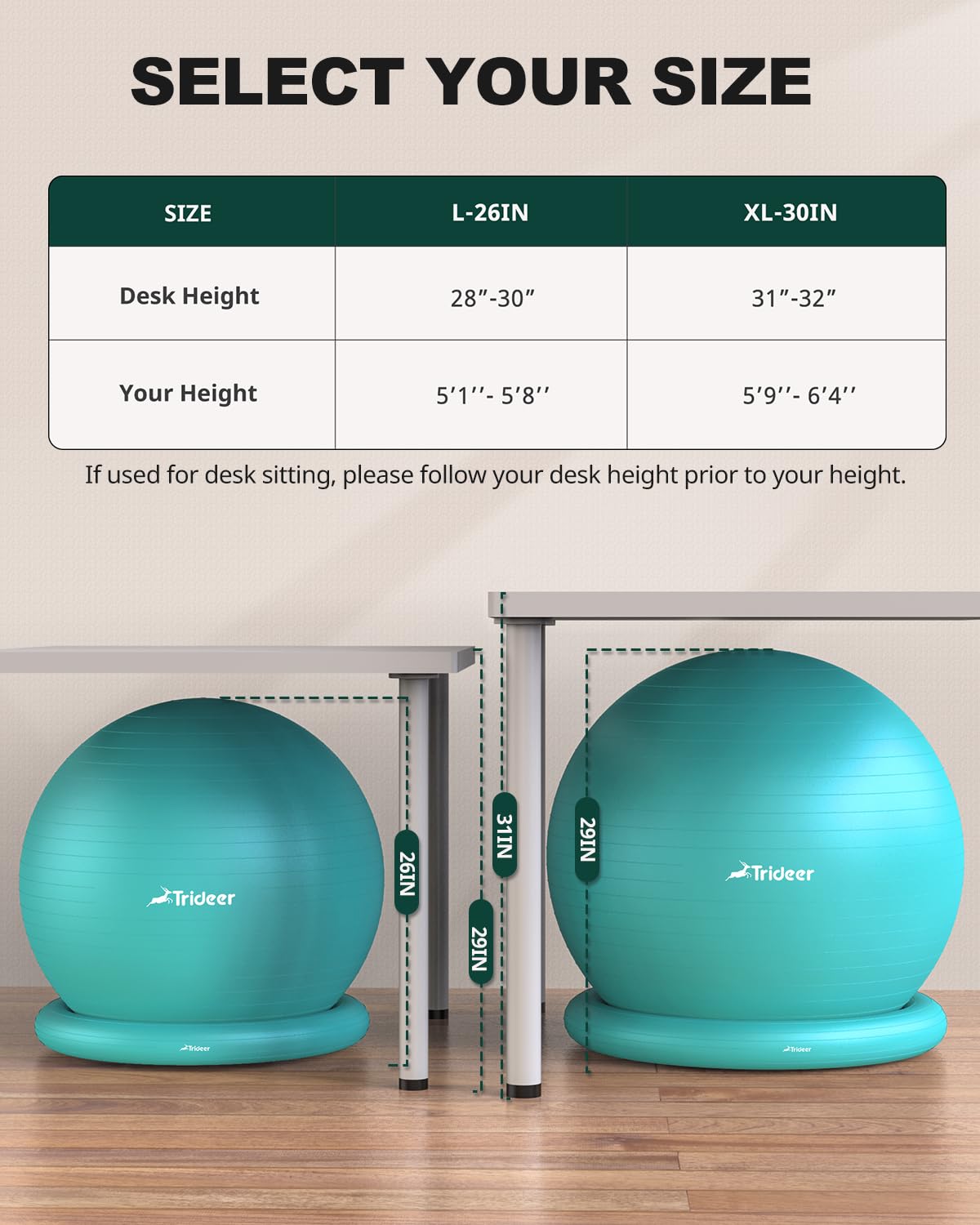Trideer Yoga Ball Chair with Base - Stability & Fitness Ball Seat for Home Office, Pregnancy & Workout: L(23-26ines/58-65cm) Turkis