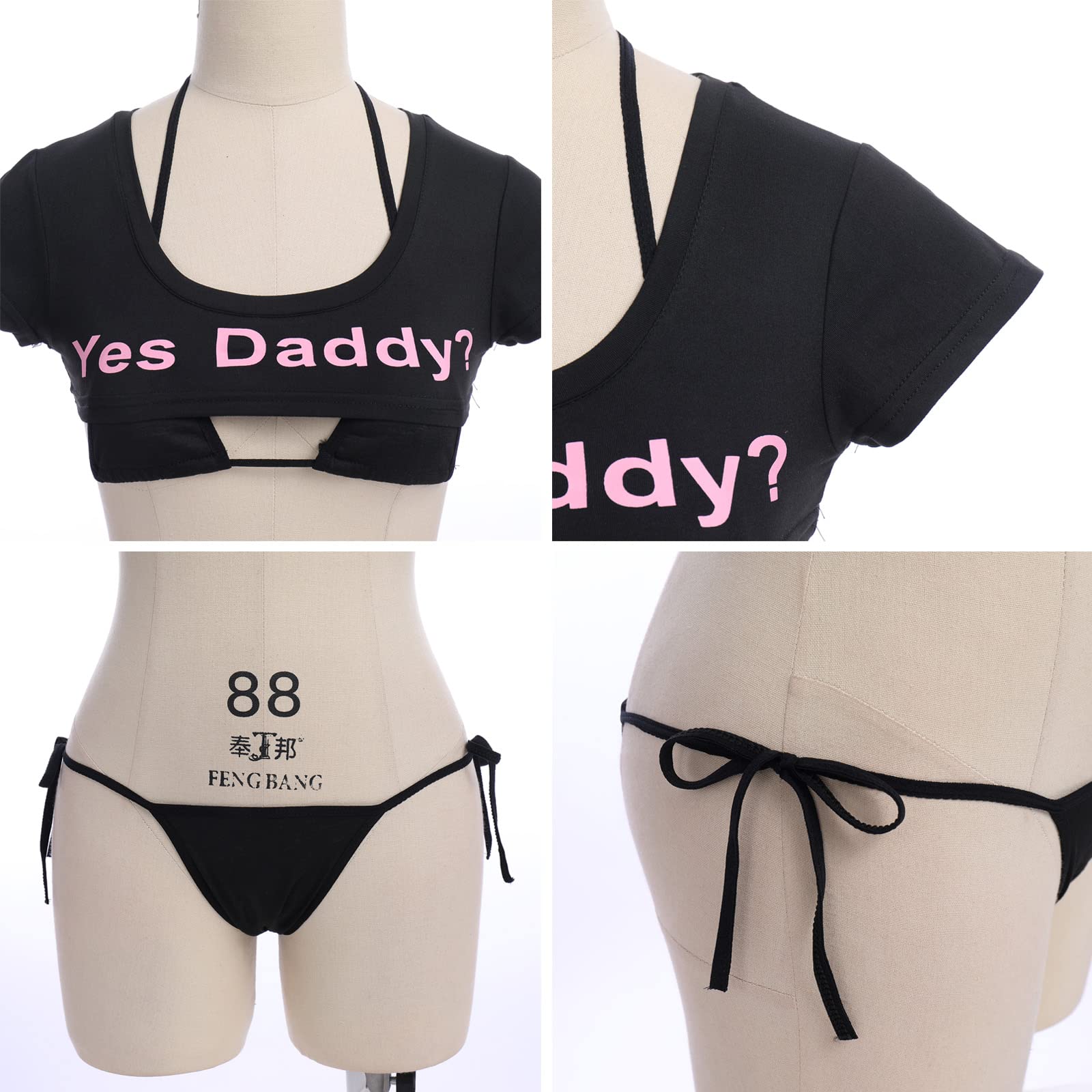 ABAFIP Women Cute Kawaii Striped Bikini Lingerie Set Micro Tiny Bra G-String Panty/Garter Belt 2Pcs / 3Pcs Underwear: One Size Black - 3pcs