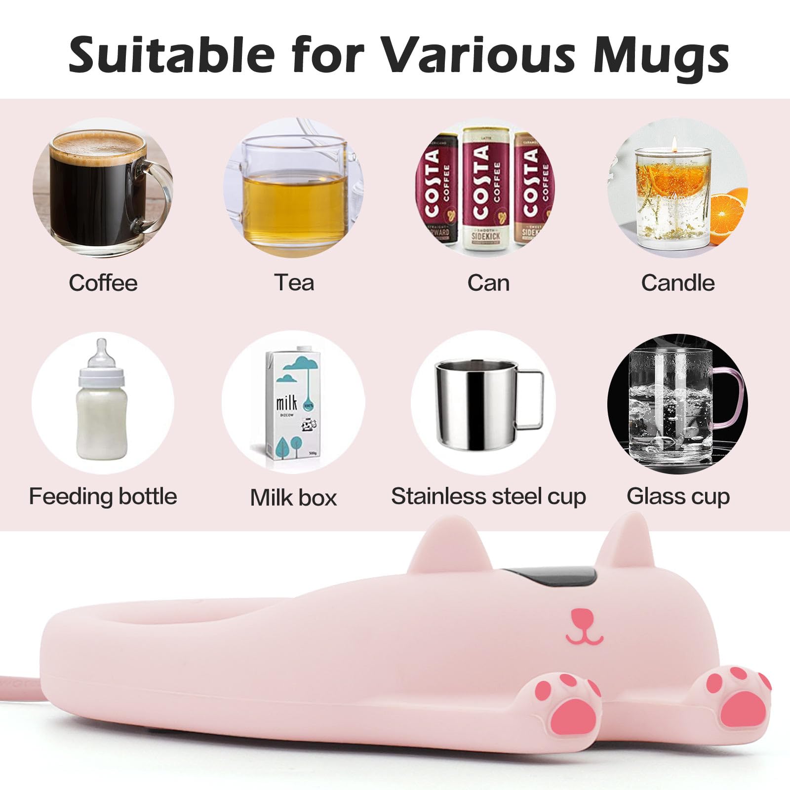 PUSEE Coffee Mug Warmer & Cute Cat Mug Set, Coffee Cup Warmer for Desk with Auto Shut Off, Beverage Warmer with 3 Temp Settings, Candle Warmer Coffee Warmer with Mug Set for Christmas & Birthday Gifts: Ador Pink