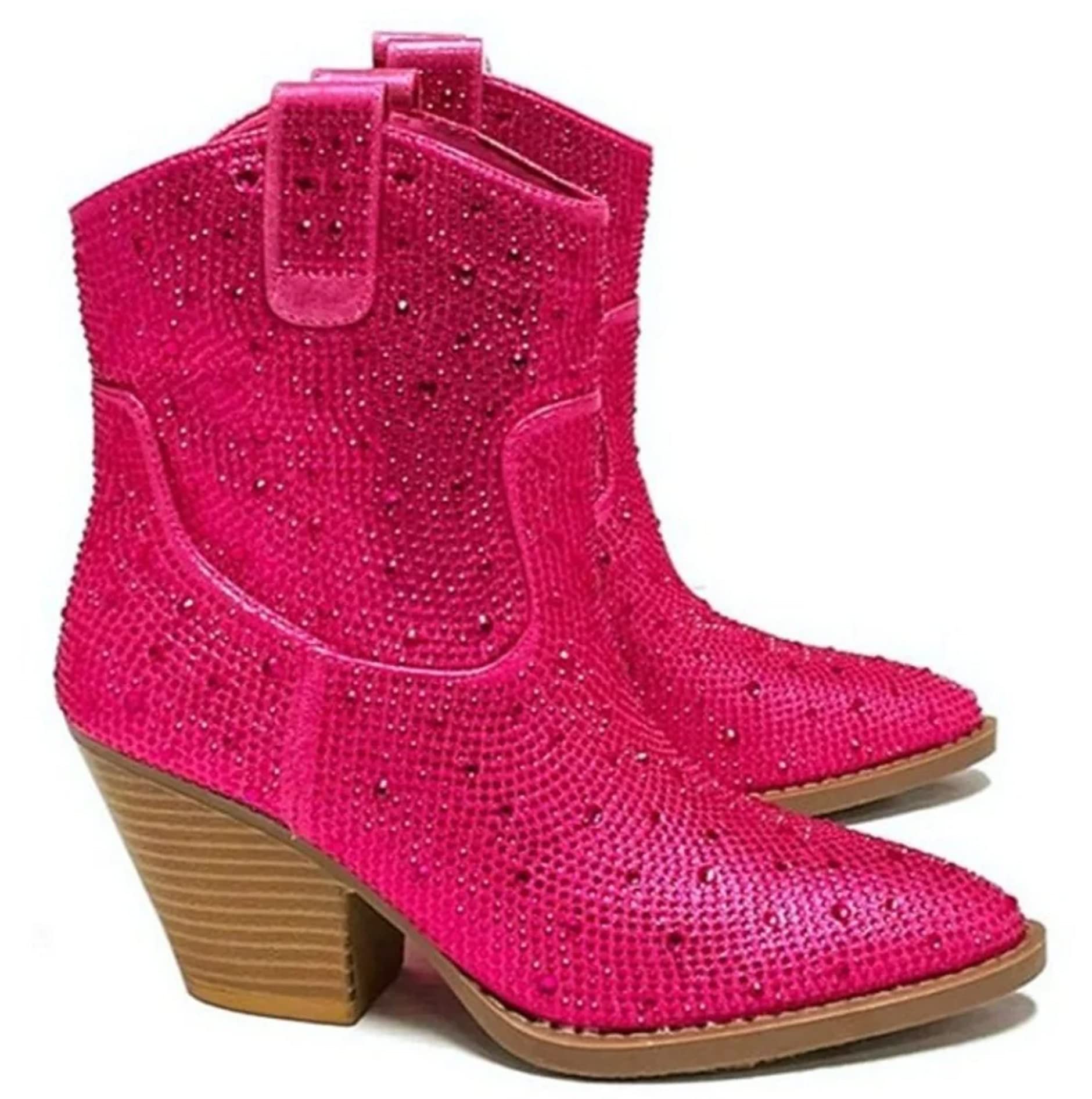 Women's Rhinestone Block Heel Mid Calf Short Ankle Booties Knee High Boots: 6 Fuchsia Rhinestone