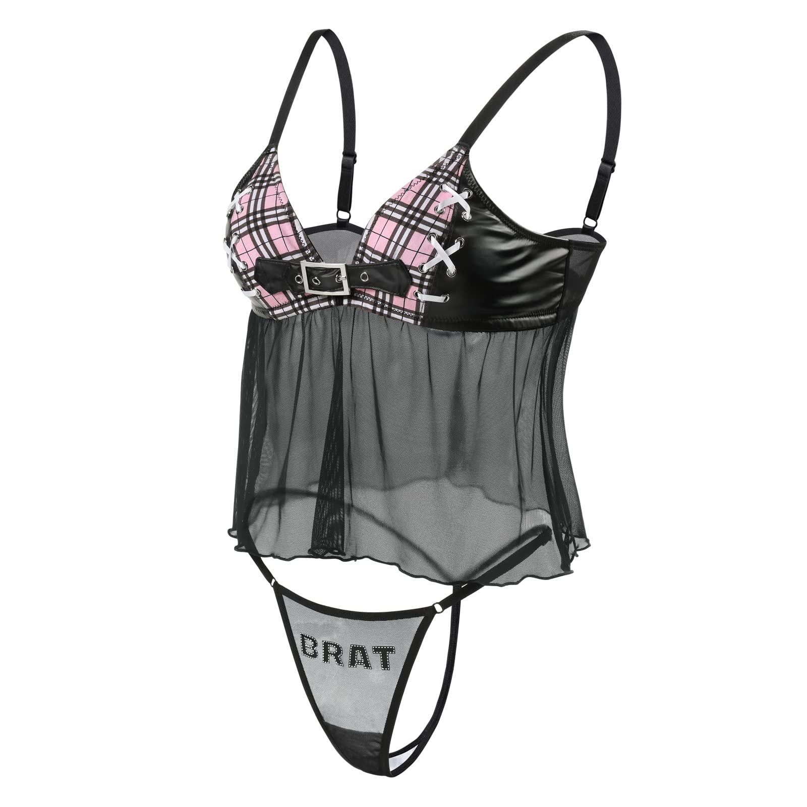 Littleforbig Women Nightwear Babydoll Strap Chemise Halter Lingerie V Neck Sleepwear - Bratty Bralette Thong Lingerie Set: Small Black
