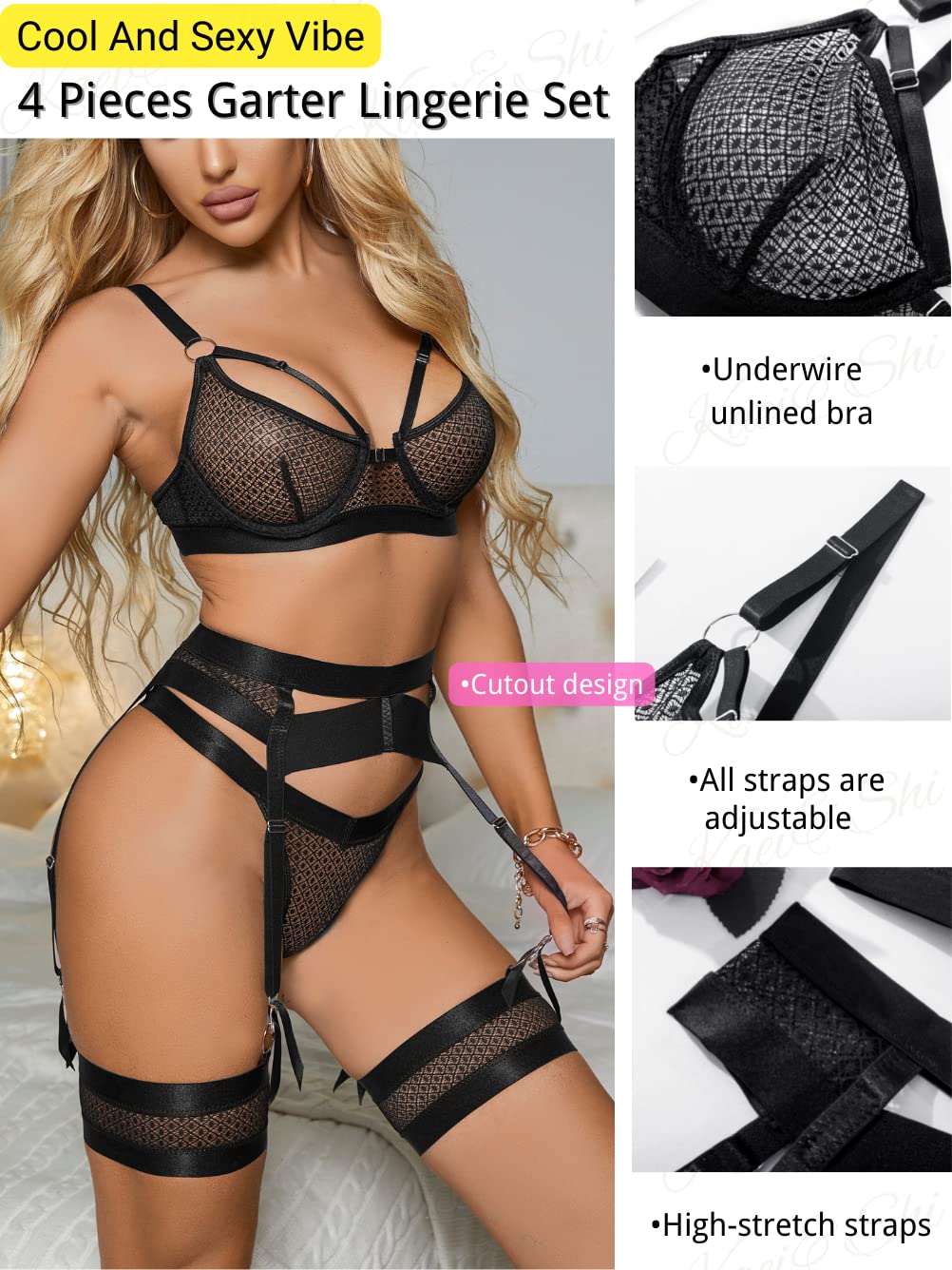 Garter Lingerie for Women,Sexy Lace Lingerie,Sheer Matching 4 Piece Lingerie Set: 16 Black Fishnet