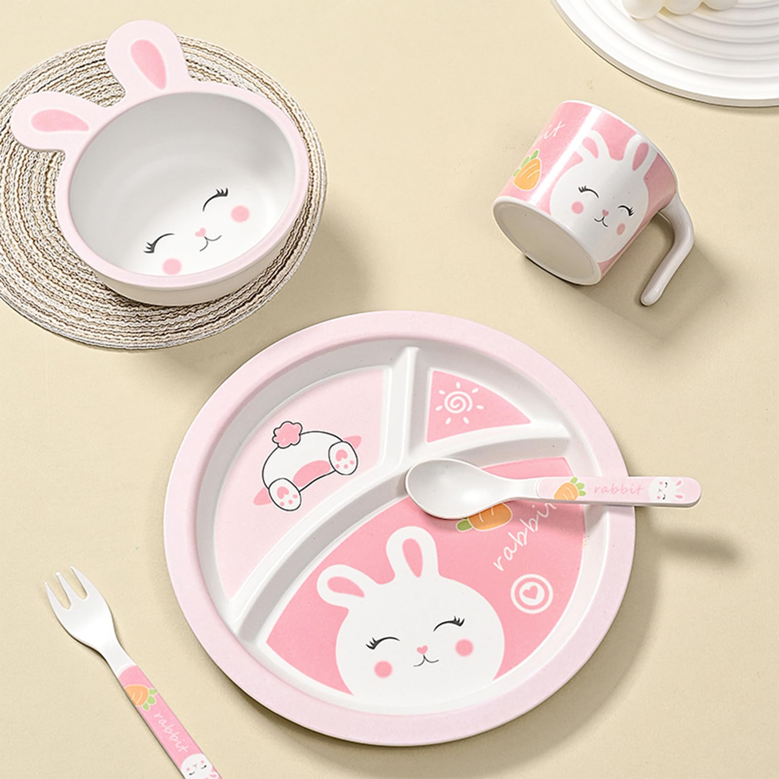 PHEENOWL Rabbit Toddler Plate Set 5 Pieces Includes 3-Section Divided Plate, Bowl, Tumbler and Utensil Tableware, Non-BPA Bamboo Fiber Material Perfect for Girls (Rabbit) thumbnail 6