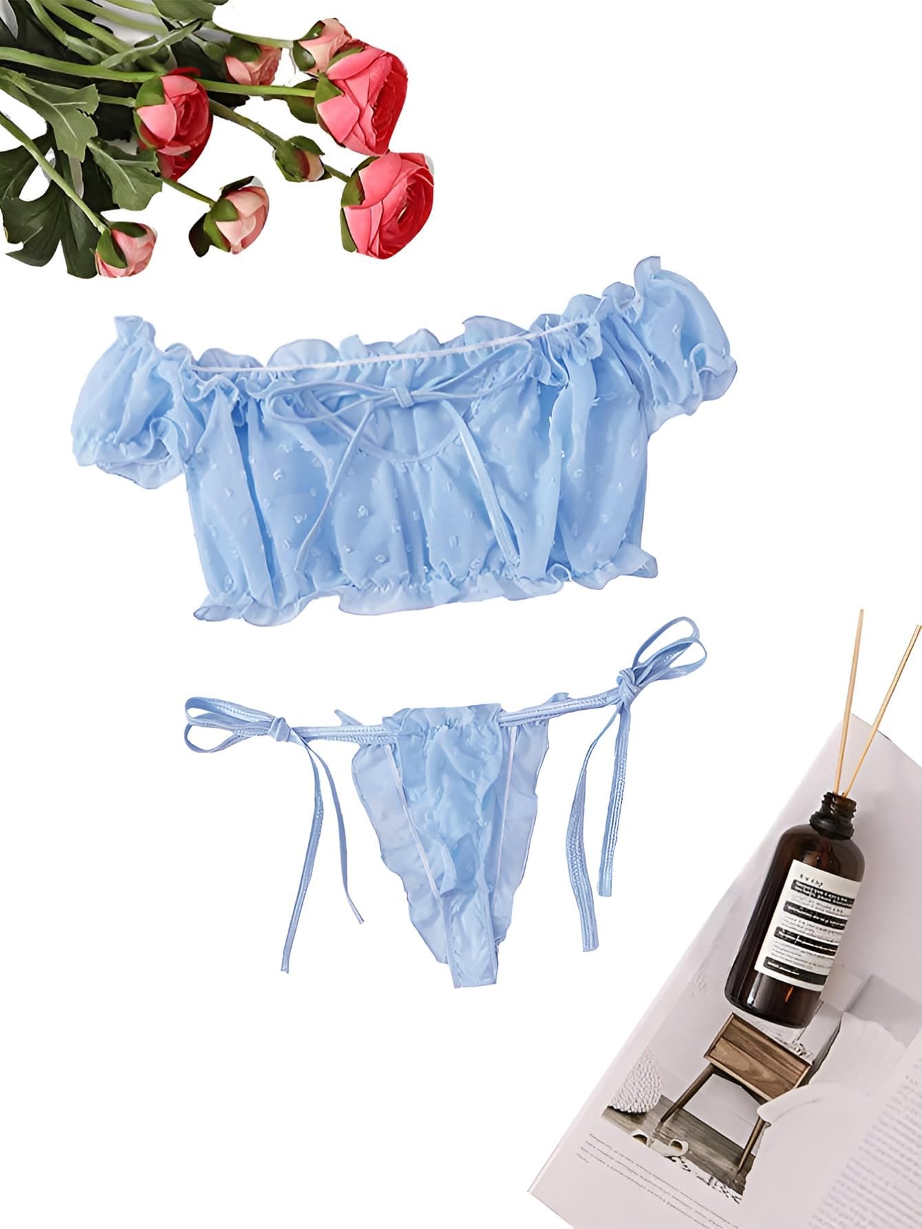 Lilosy Sexy Stretch Ruffle Tie Sheer Mesh Lingerie Set Outfits: Chiffon Medium Chiffon Light Blue