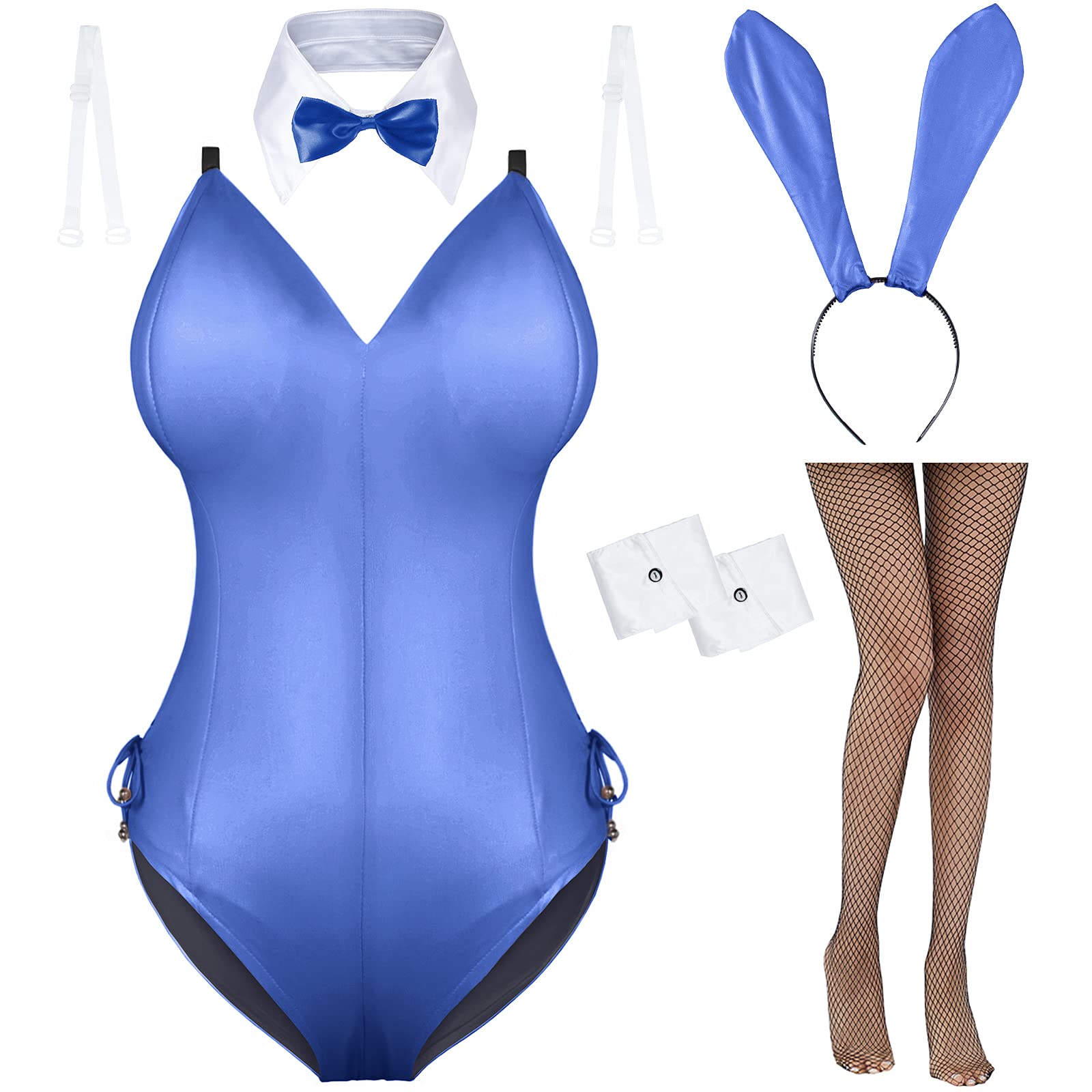 Womens Bunny Costume Girl Suit Senpai Cosplay Anime Role Costume One Piece Bodysuit Stockings Set: X-Large Blue-removable Padded