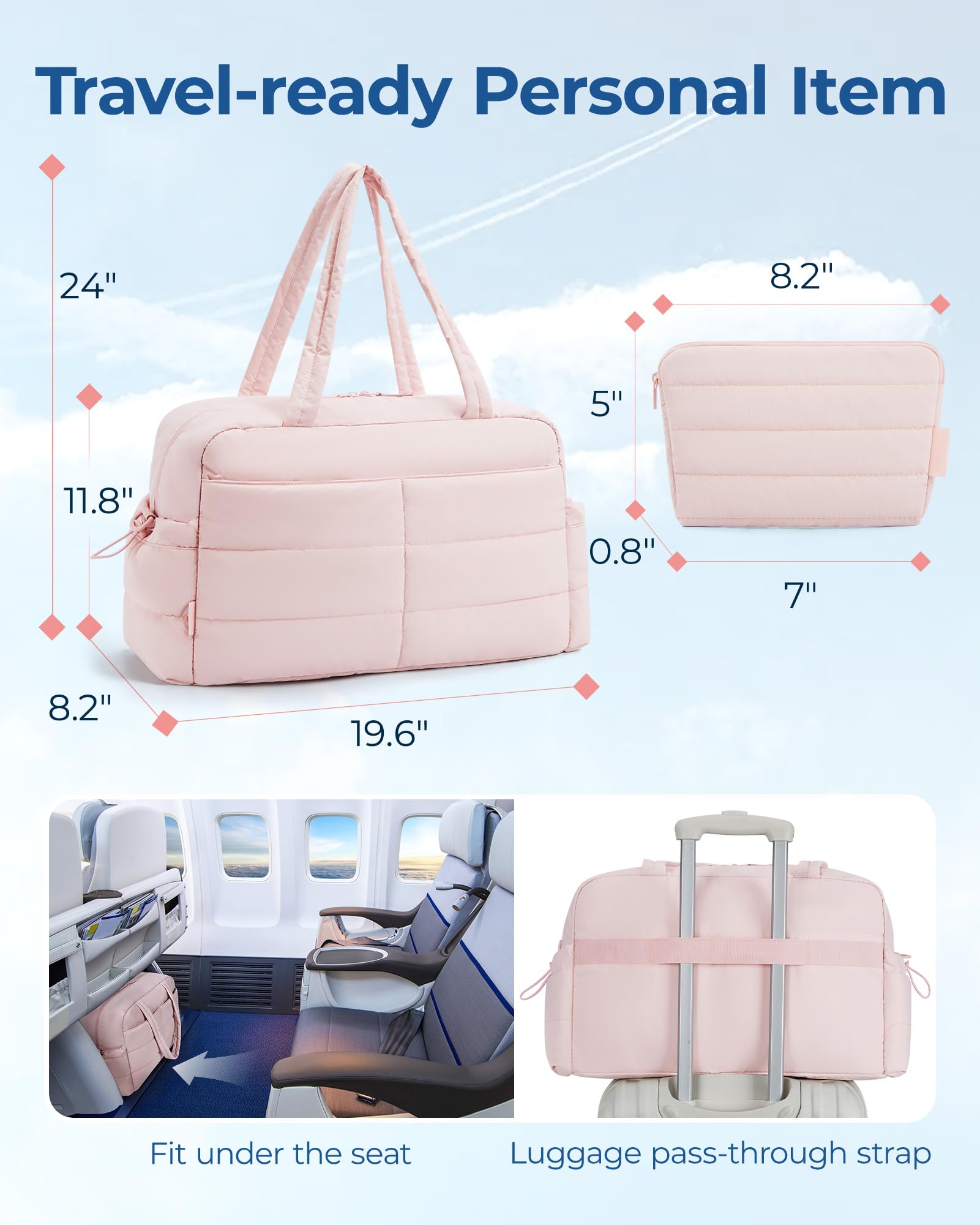 BAGSMART Gym Bag for Women, 31L Travel Duffle Bag Puffer Tote Quilted Laptop Carry on, Weekender Overnight Organizer for Travel, Water Resistant, Dark Pink: Baby Pink