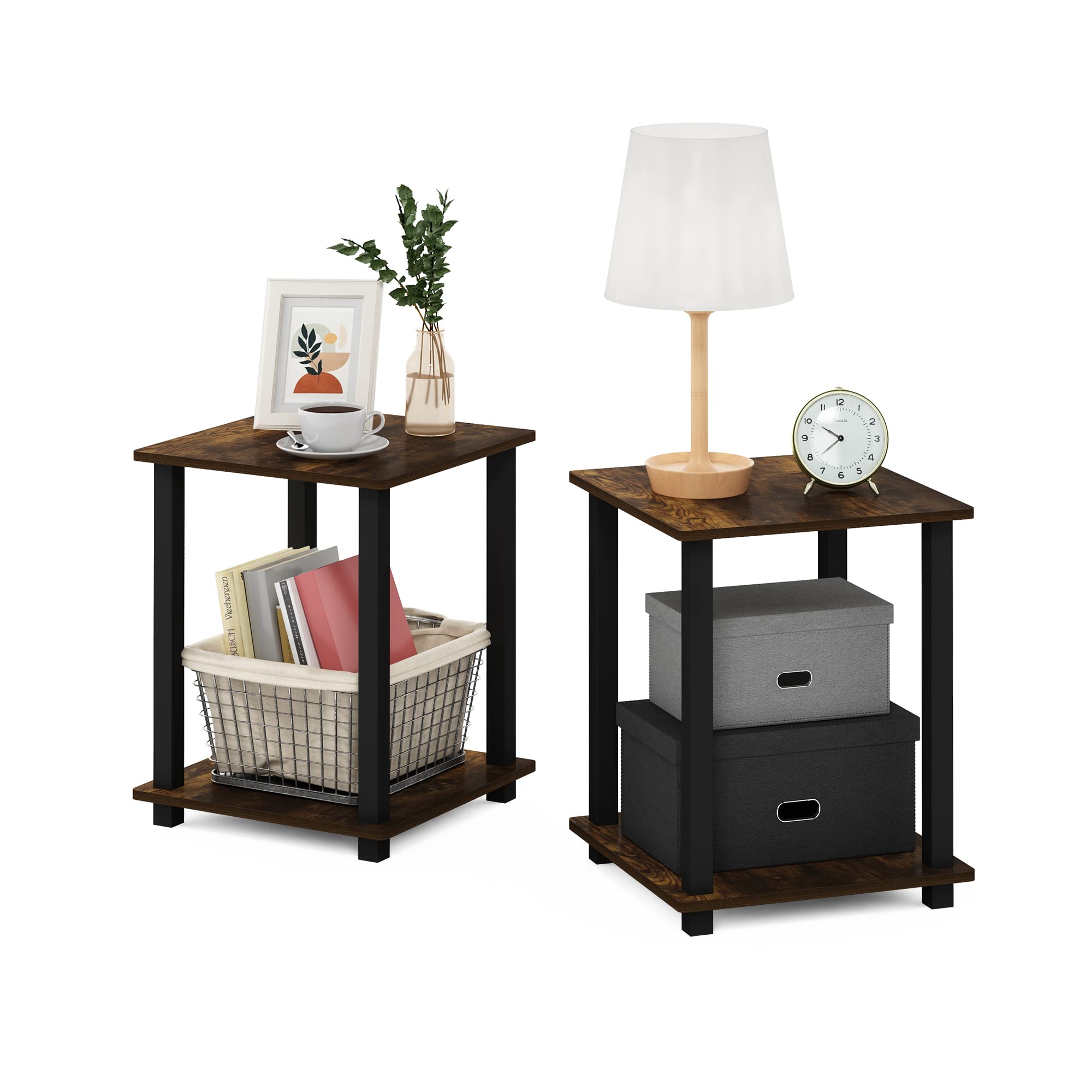Furinno Simplistic Set of 2 End Table, Espresso/Black: Amber Pine/Black 2-Pack, Plastic Pole 15.6 x 15.6