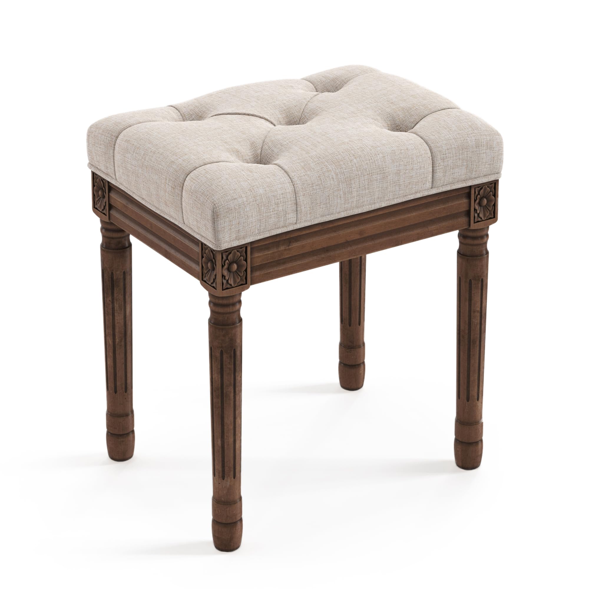 LUE BONA Upholstered Fabric Vanity Bench Seat, Makeup Stools for Vanity, Square Tufted Ottoman Bench with Carved Wood Color Legs for Bedroom Living Room, Beige: Linen Color-dark Brown