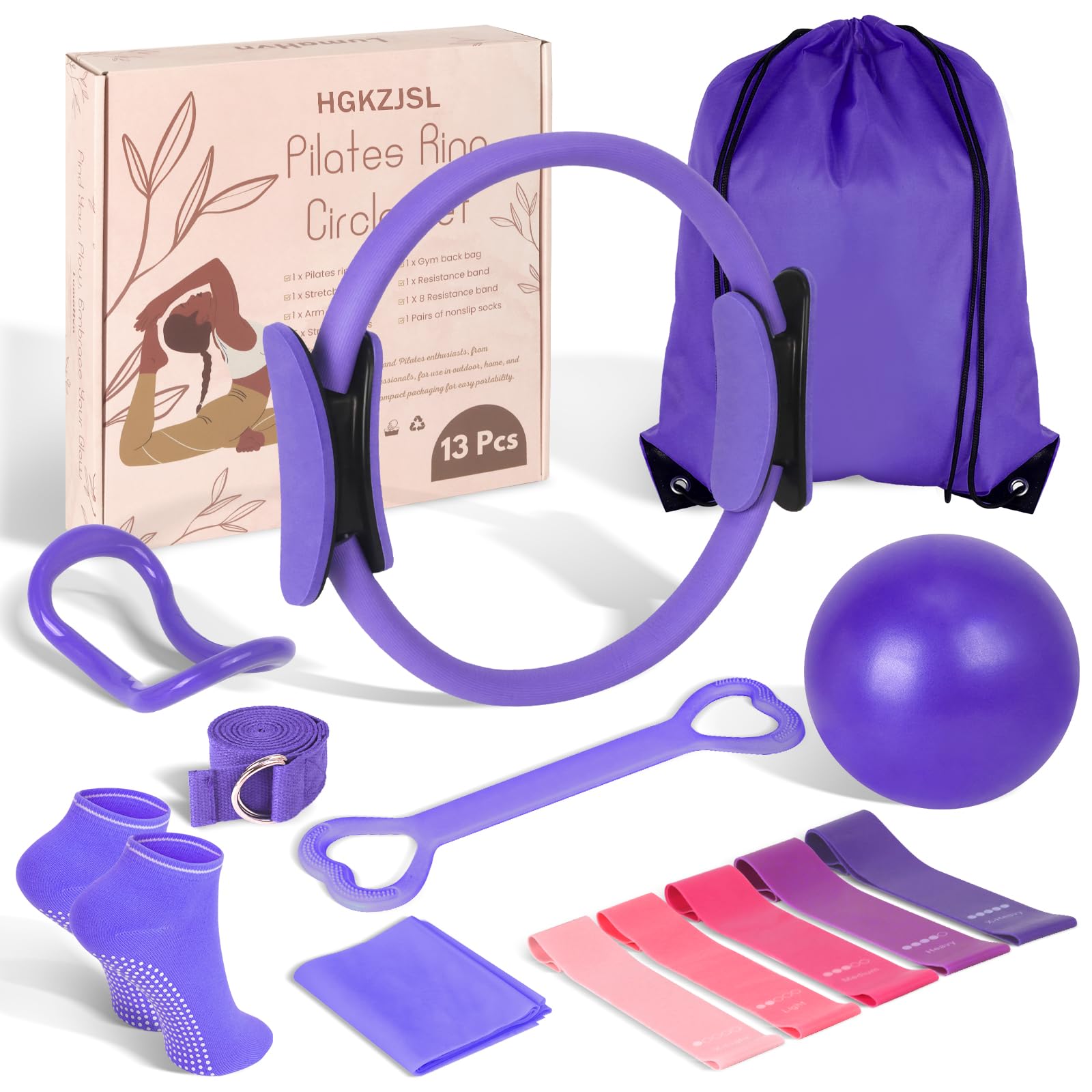 HGKZJSL Home Pilates Essentials Kit for Women,Pilates Equipment Set with 9 Inch Yoga Ball,Figure 8 Resistance Band,Pilates Bands & Accessories,Pilates Ring and Ball Set for Beginners Home Workouts