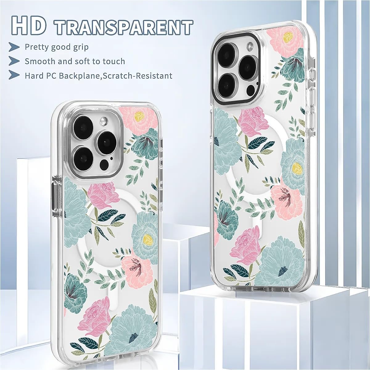 TAMEFOX for iPhone 15 Clear Case, Campatible with Magsafe,Fresh Red Cherry Soft TPU Slim Magnetic for Women Girl Protective Case for iPhone 15-6.1 Inch (White): Blue Red Camellia iPhone 13 Pro