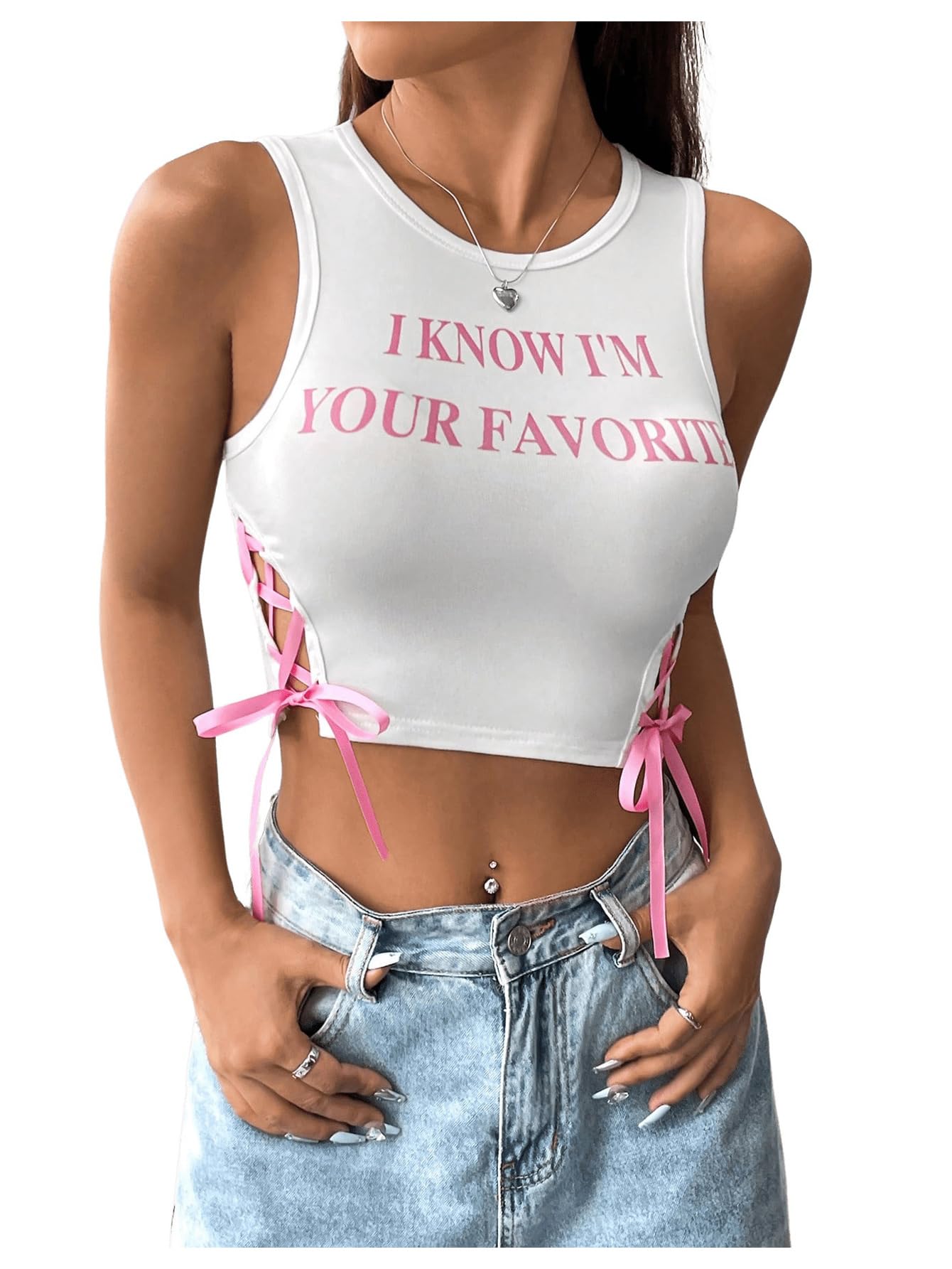 SHENHE Women's Letter Print Lace Up Round Neck Slim Fit Crop Going Out Tank Tops
