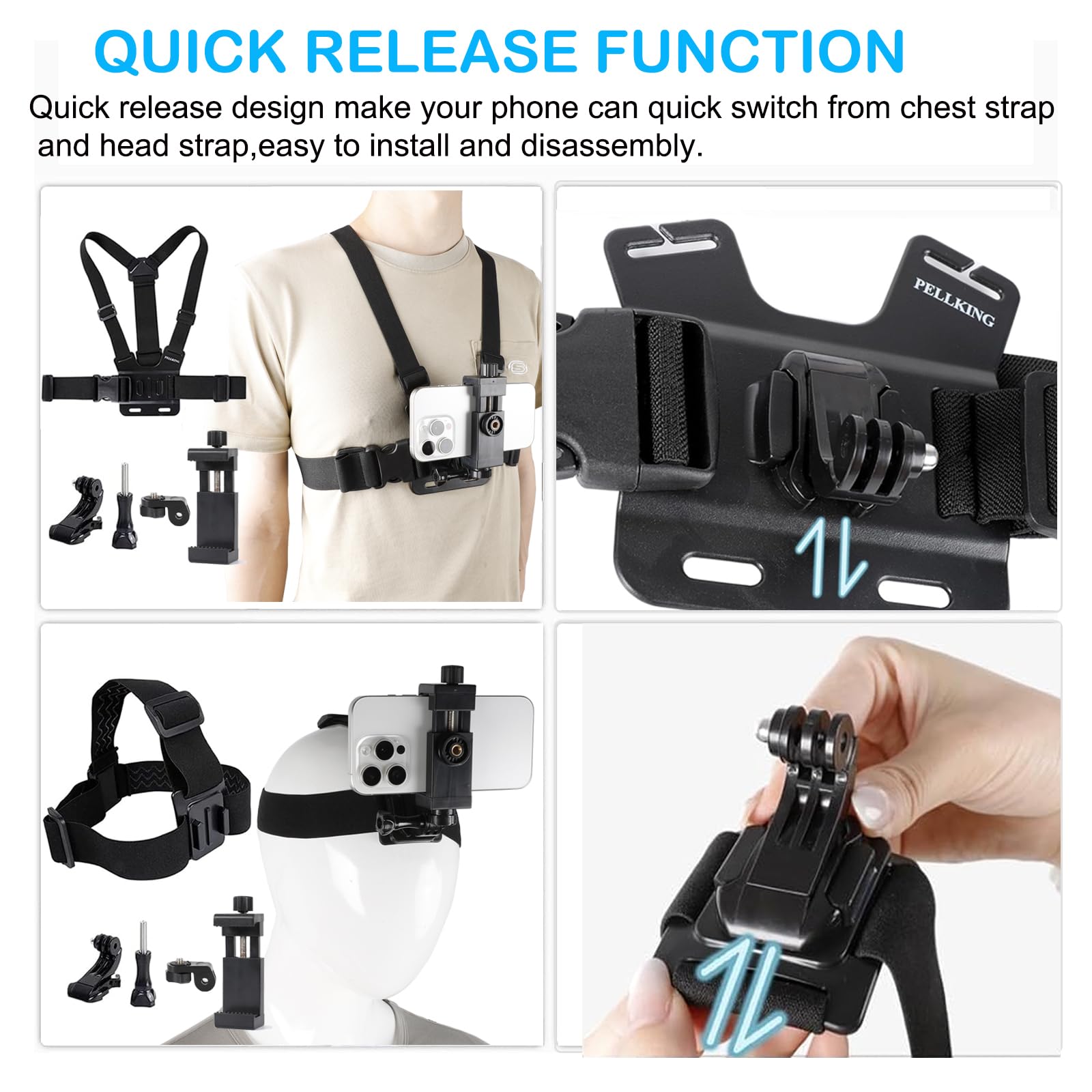 PellKing Mobile Phone Chest Strap Harness Mount Head Strap Holder Kit for POV/VLOG,Cell Phone Clip Compatible with iPhone,Samsung,GoPro Hero 9, 8,7, 6, 5, 4, 3,2, 1,AKASO,DJI Osmo,and Action Cameras…