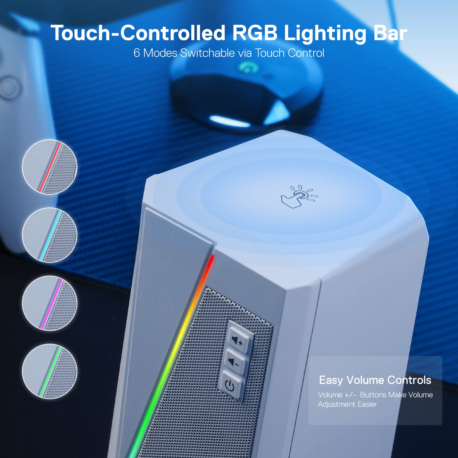 Redragon GS520 RGB Desktop Speakers, 2.0 Channel PC Computer Stereo Speaker with 6 Colorful LED Modes, Enhanced Sound and Easy-Access Volume Control, USB Powered w/ 3.5mm Cable,: White