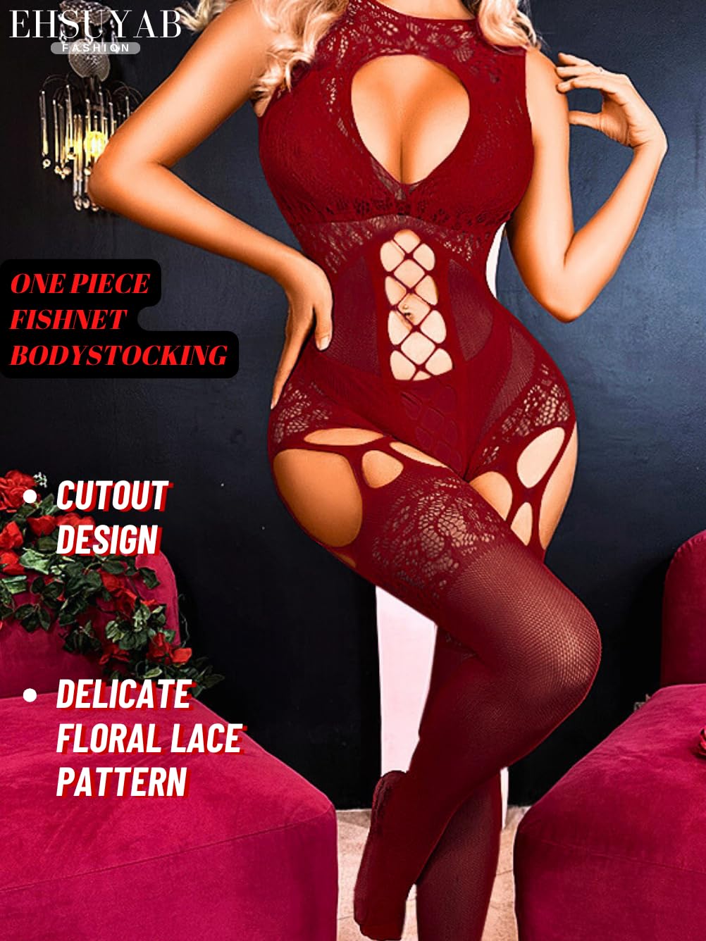 EHSUYAB Women Body Stockings Sexy, Exotic Dancer Fishnets Lingerie Glow Party, Fishnet Bodysuit Rave Outfits Club Plus Size: Burgundy