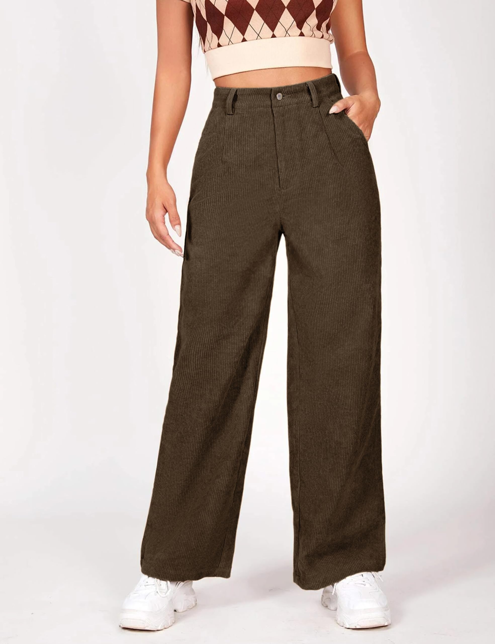 Himosyber Corduroy Pants for Women Casual Elastic High Waist Stretchy Wide Leg Pants Loose Fit Comfy Trousers with Pockets thumbnail 2