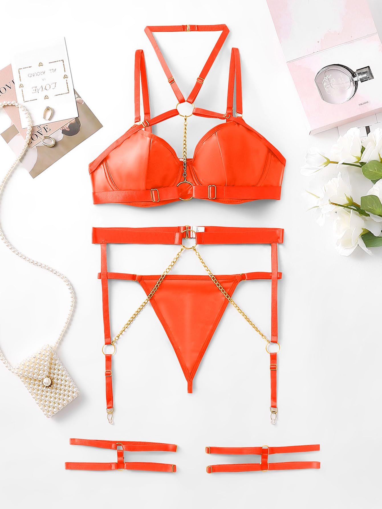 Lilosy Sexy Pu Leather Strappy Underwire Garter Belt Lingerie Set