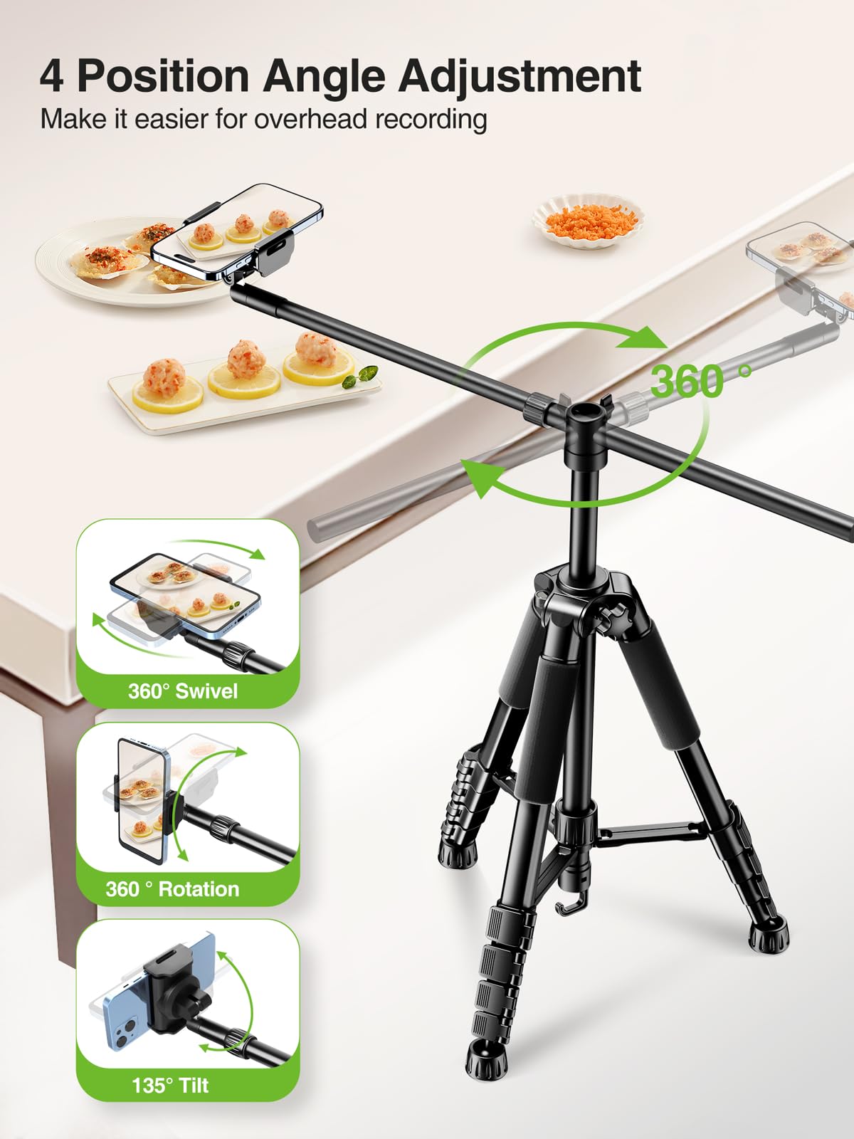 elitehood Phone Tripod for Overhead Video Recording – Updated Horizontal 59-inch Adjustable Tripod for iPhone with 25in Long Extendable Arm, 360° Rotation iPhone Stand Holder for Overhead Recording