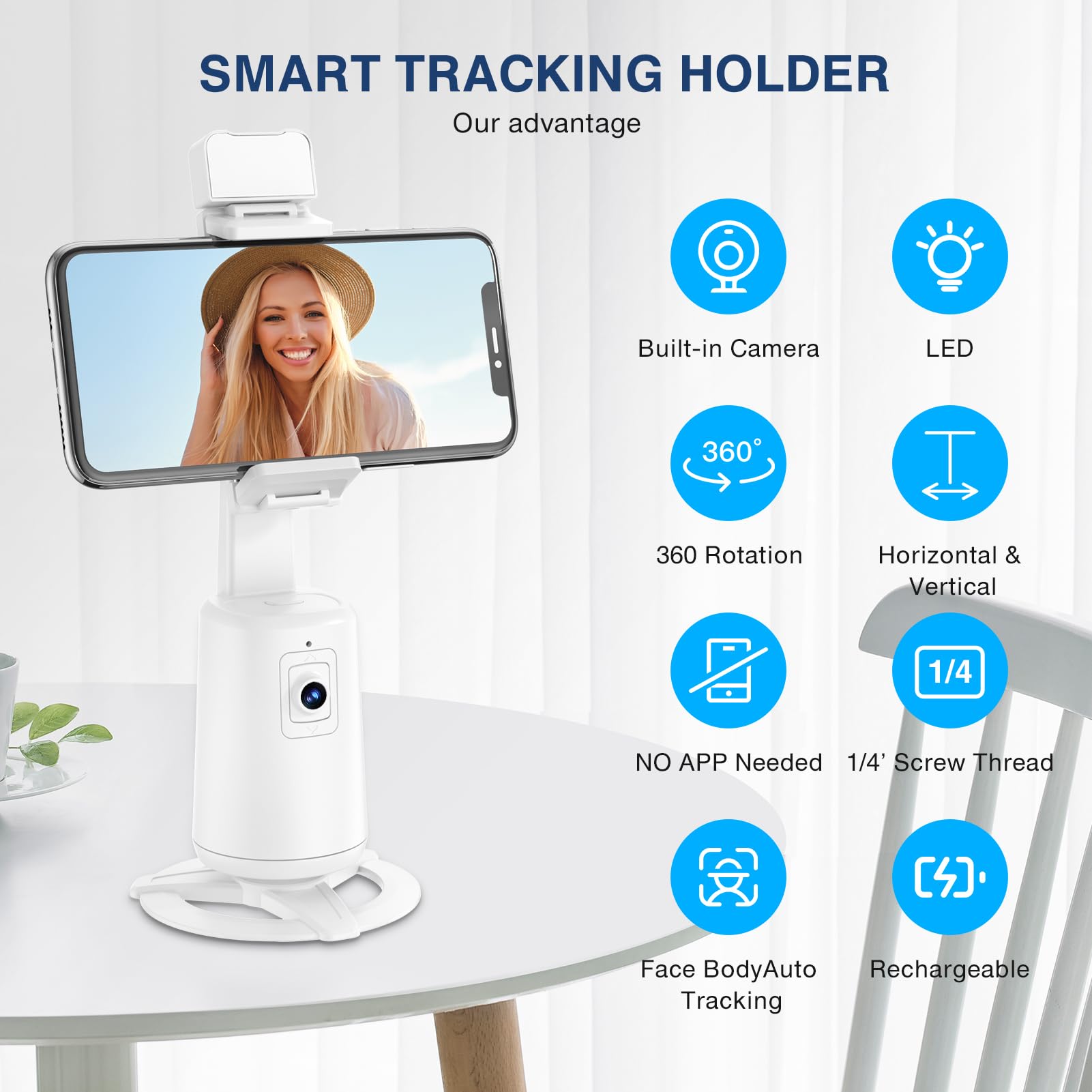 Auto Face Tracking Tripod 360° Rotating Cell Phone Photo and Video Kits Stand, No App, Camera Stand with Remote and Gesture Control, Rechargeable Smart Shooting Stand for Live Recording Tiktok（）: Auto Face Tracking Tripod 360° Rotating Auto Tracking Phone Stand, No App, Phone Camera Stand with Remote and Gesture Control, Rechargeable Smart Shooting Stand for Live Video Recording Tiktok(White)